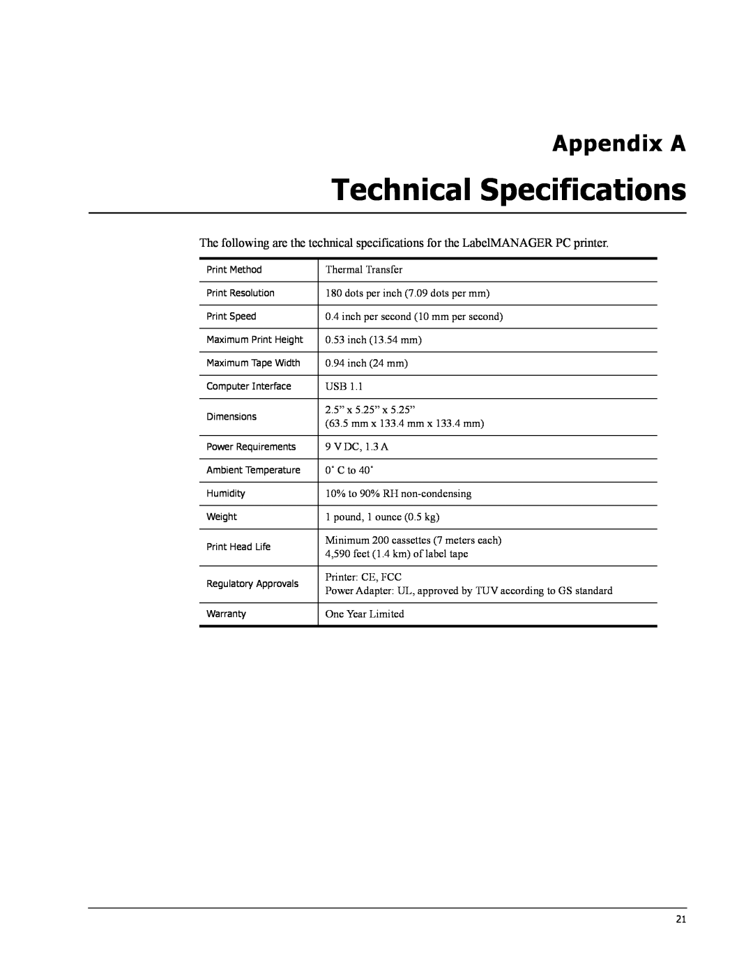 Dymo Label Manager PC manual Technical Specifications, Appendix A 