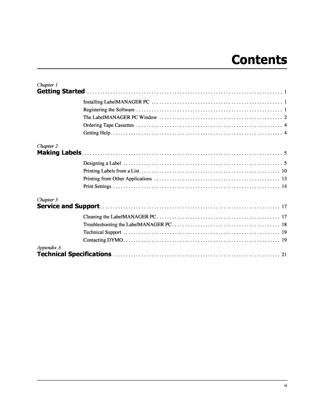 Dymo Label Manager PC manual Contents, Chapter, Appendix A 
