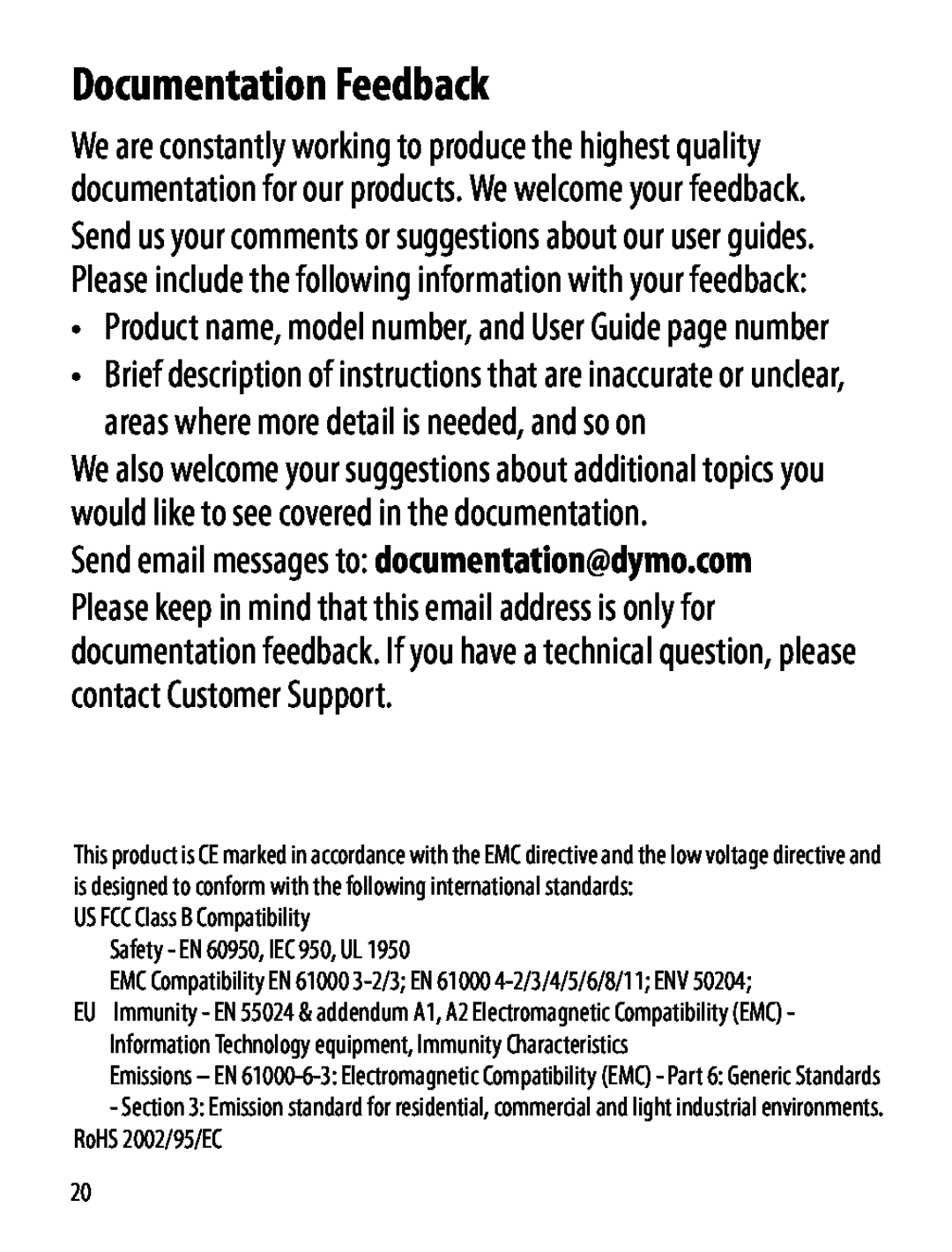 Dymo Labelmaker manual Documentation Feedback, Product name, model number, and User Guide page number 