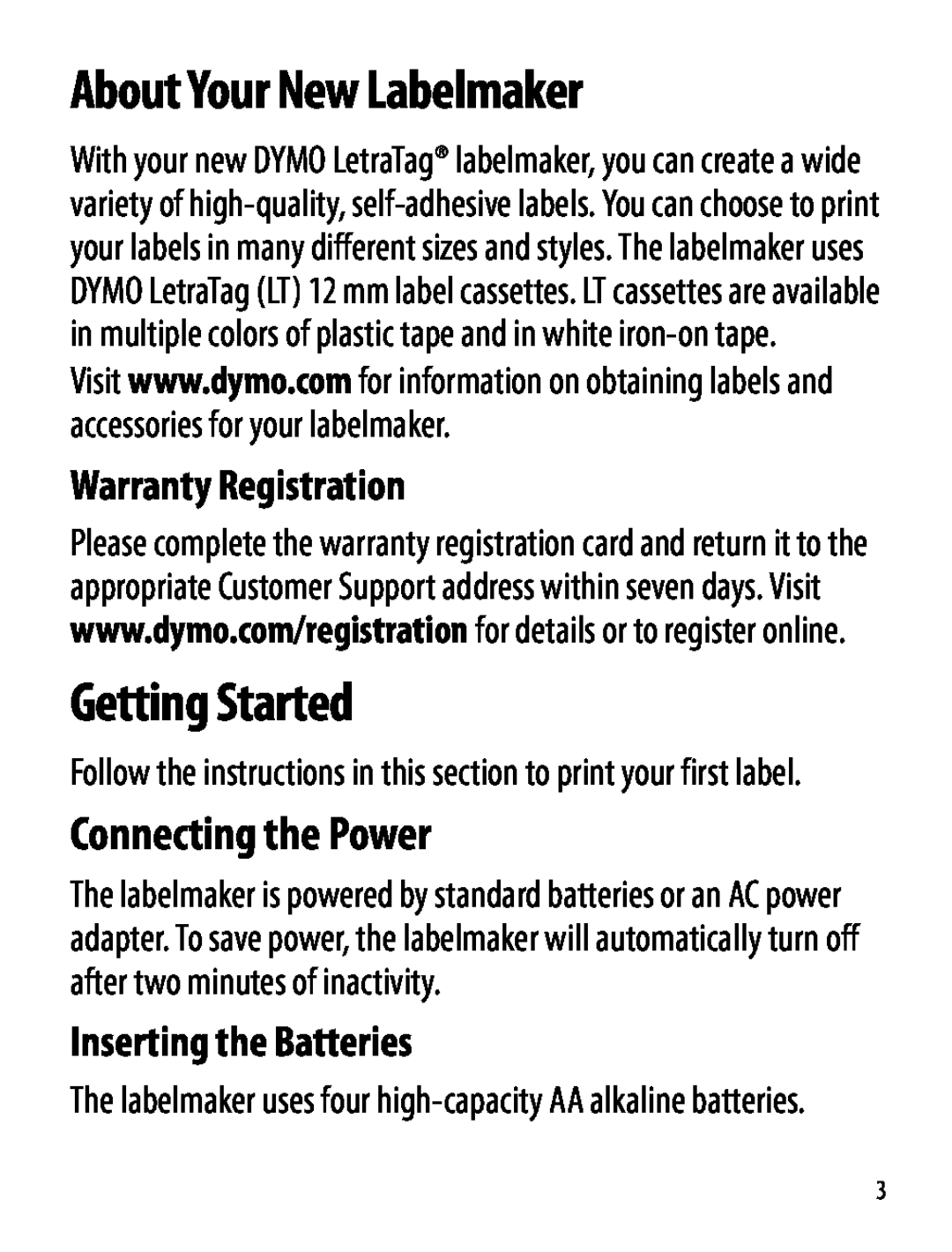 Dymo About Your New Labelmaker, Getting Started, Connecting the Power, Warranty Registration, Inserting the Batteries 