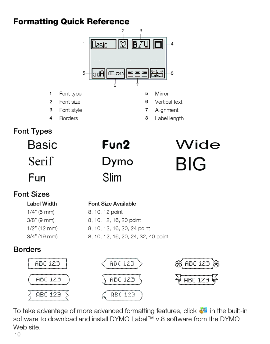 Dymo LabelManager420P quick start Formatting Quick Reference, Font Types Font Sizes, Borders 