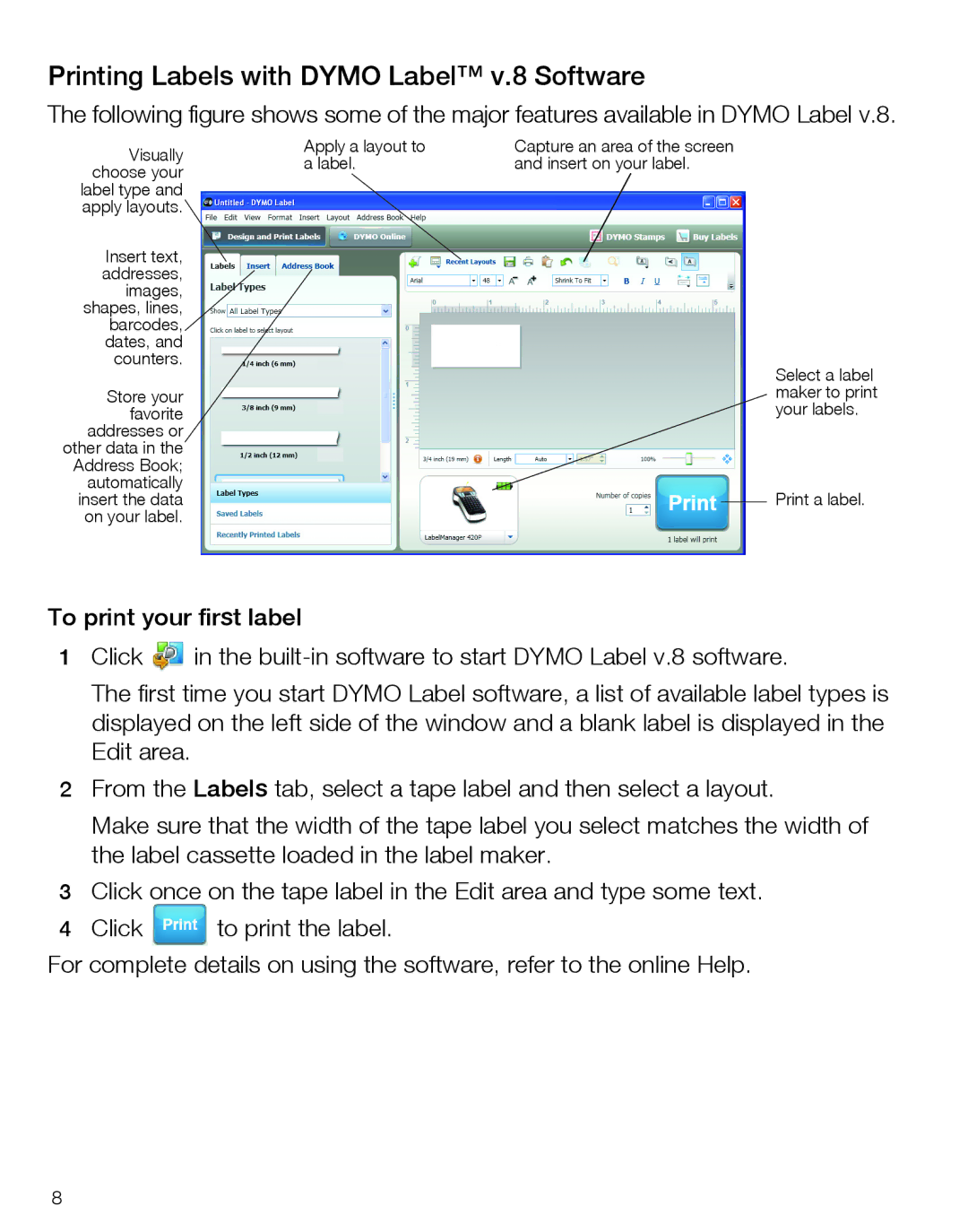 Dymo LabelManager420P quick start Printing Labels with Dymo Label v.8 Software 