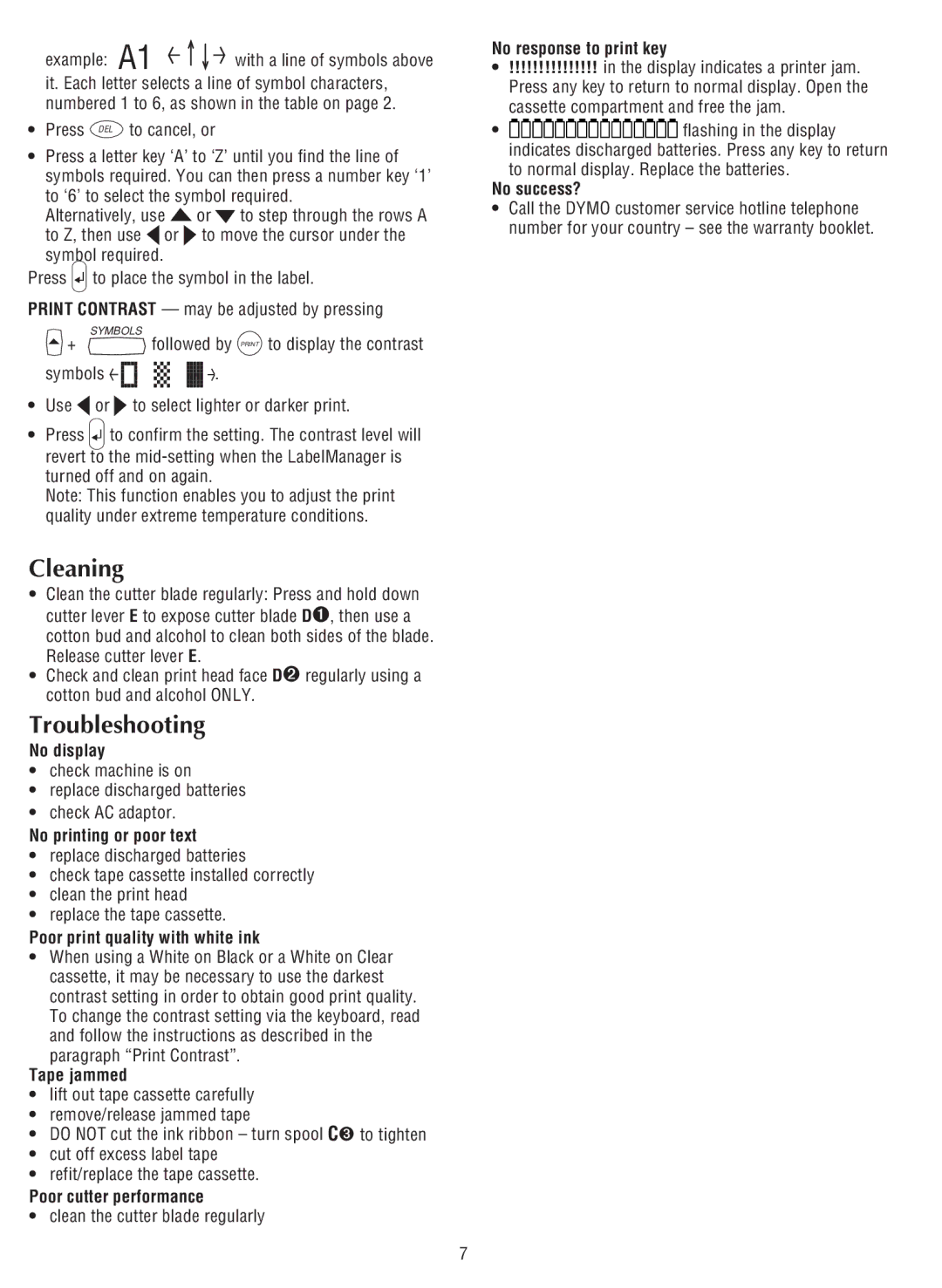 Dymo LM200 manual Cleaning, Troubleshooting 