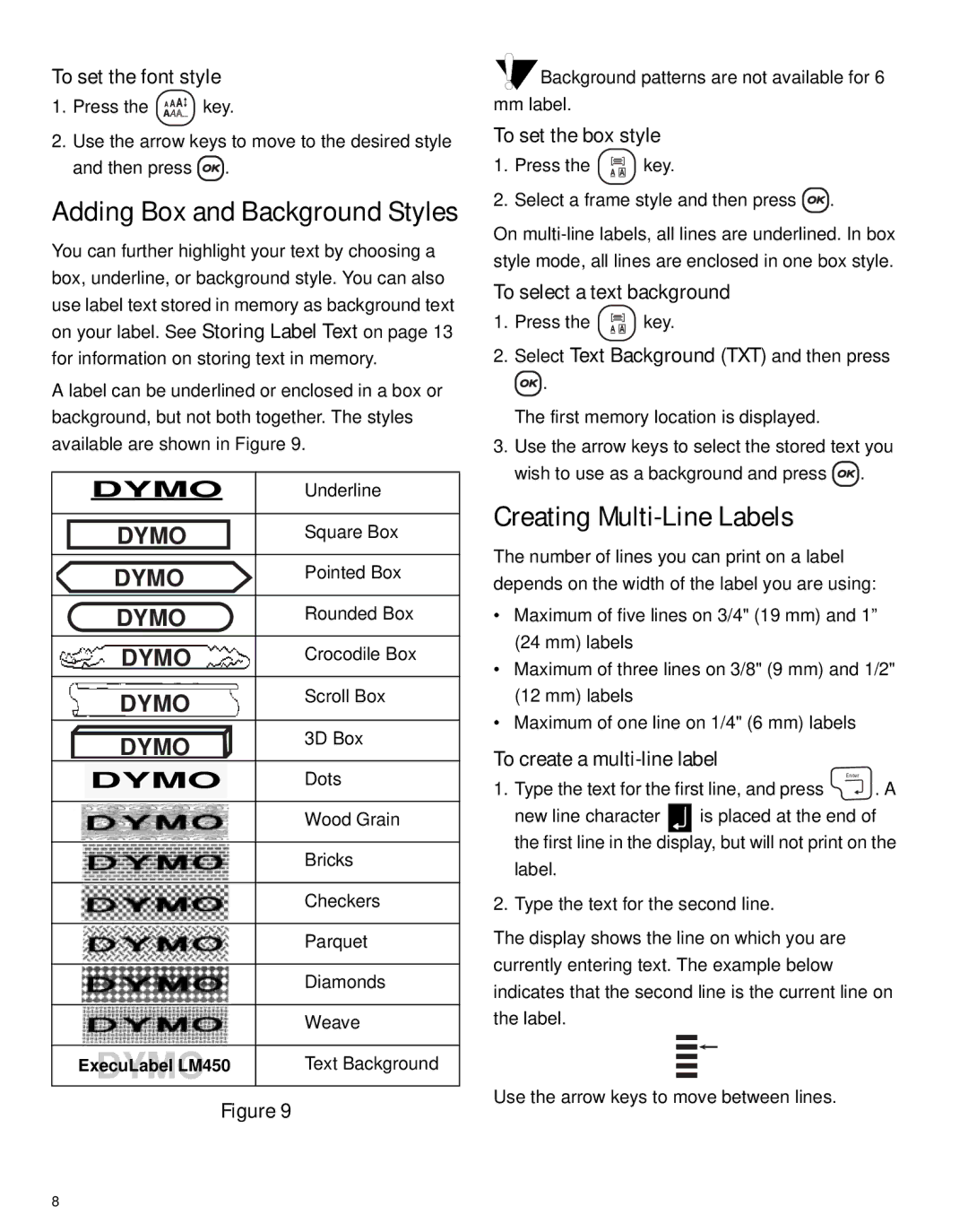 Dymo LM450 manual Adding Box and Background Styles, Creating Multi-Line Labels 