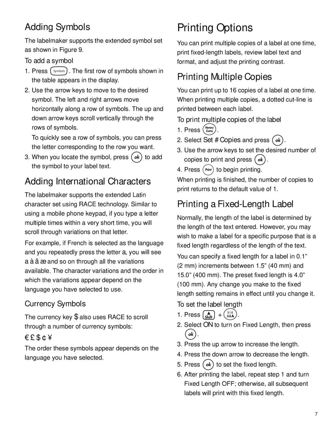 Dymo LP150 manual Printing Options, Adding Symbols, Adding International Characters, Printing Multiple Copies 