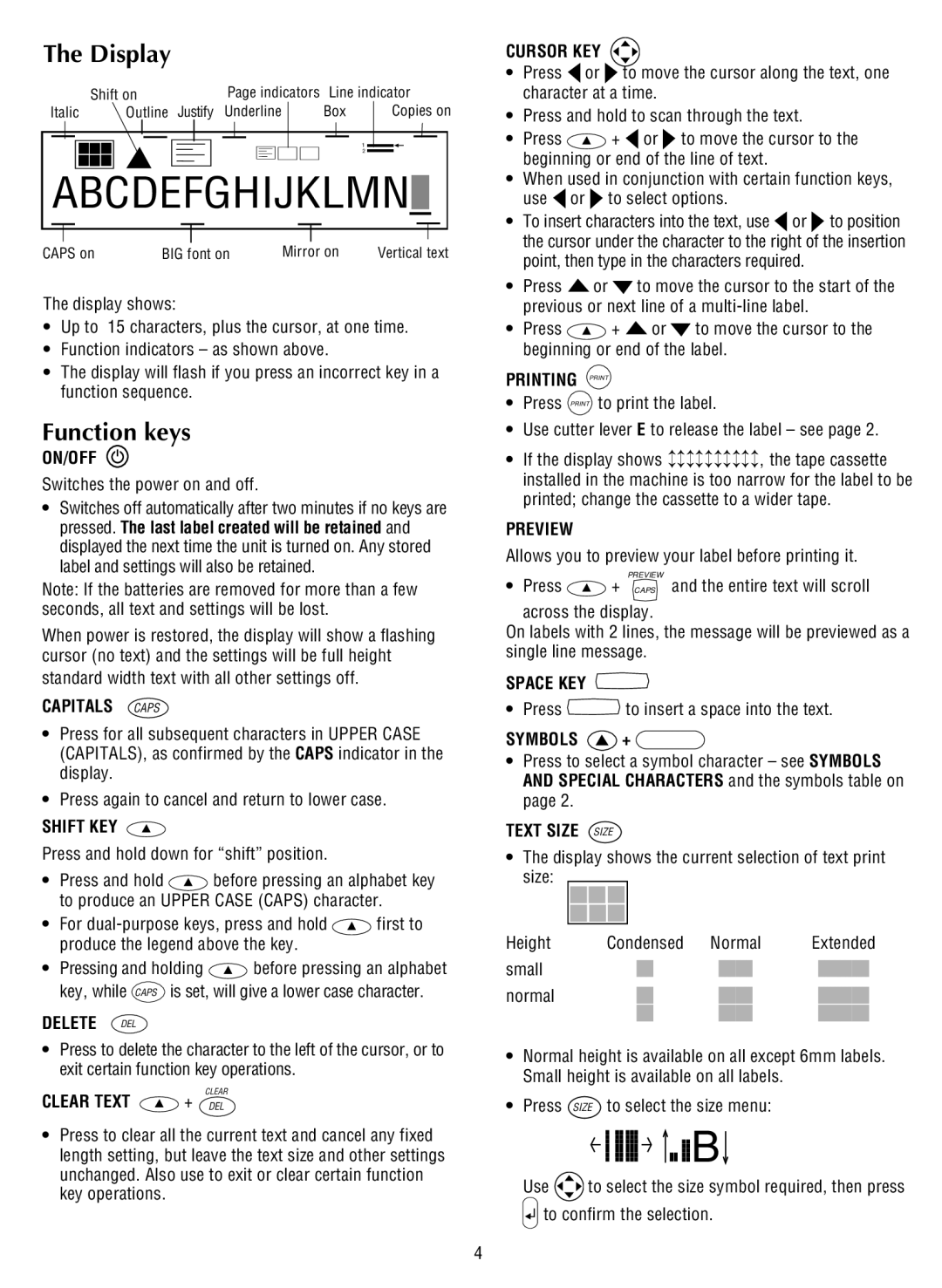 Dymo LP200 manual Display, Function keys 