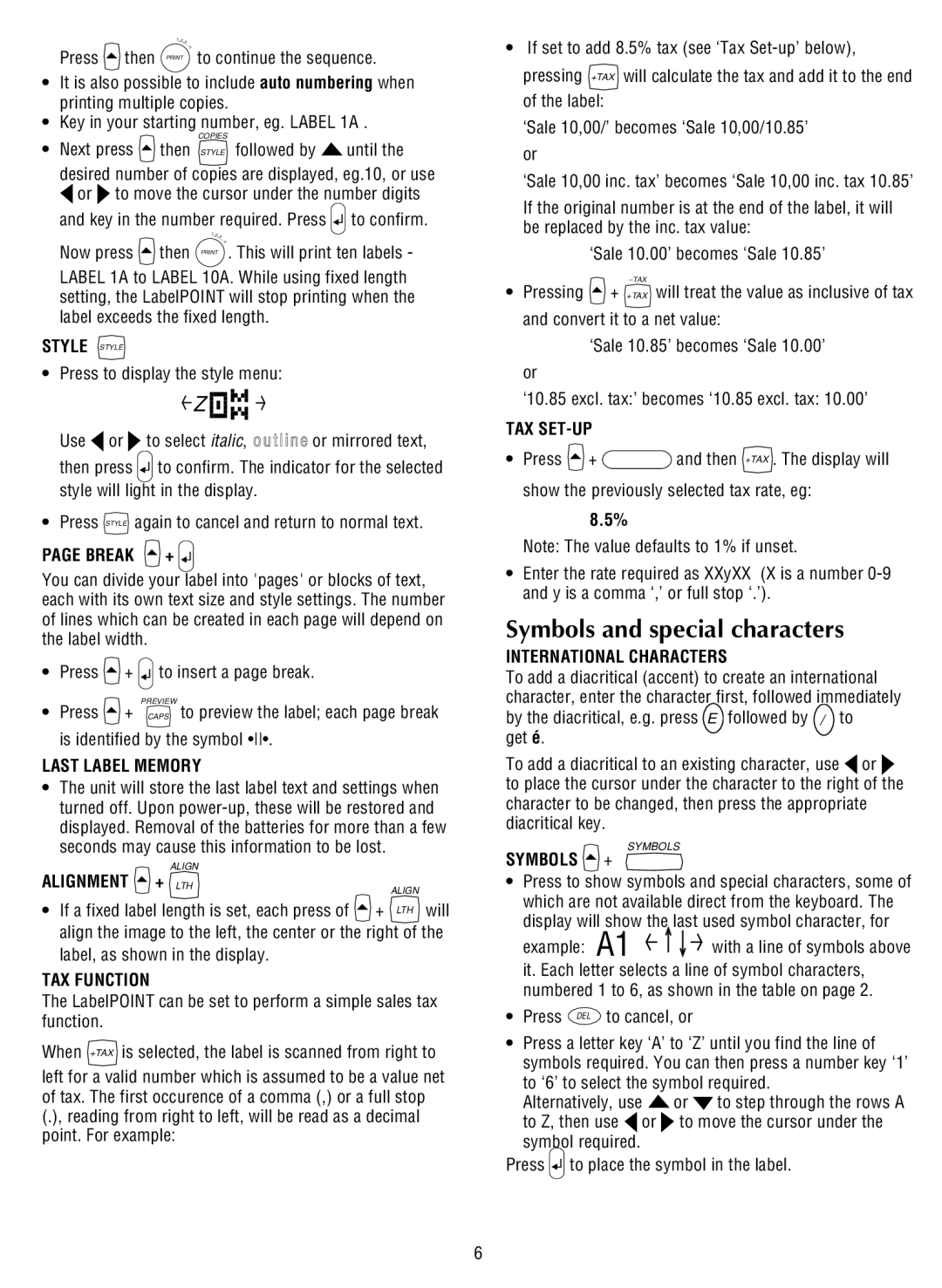 Dymo LP200 manual Symbols and special characters 