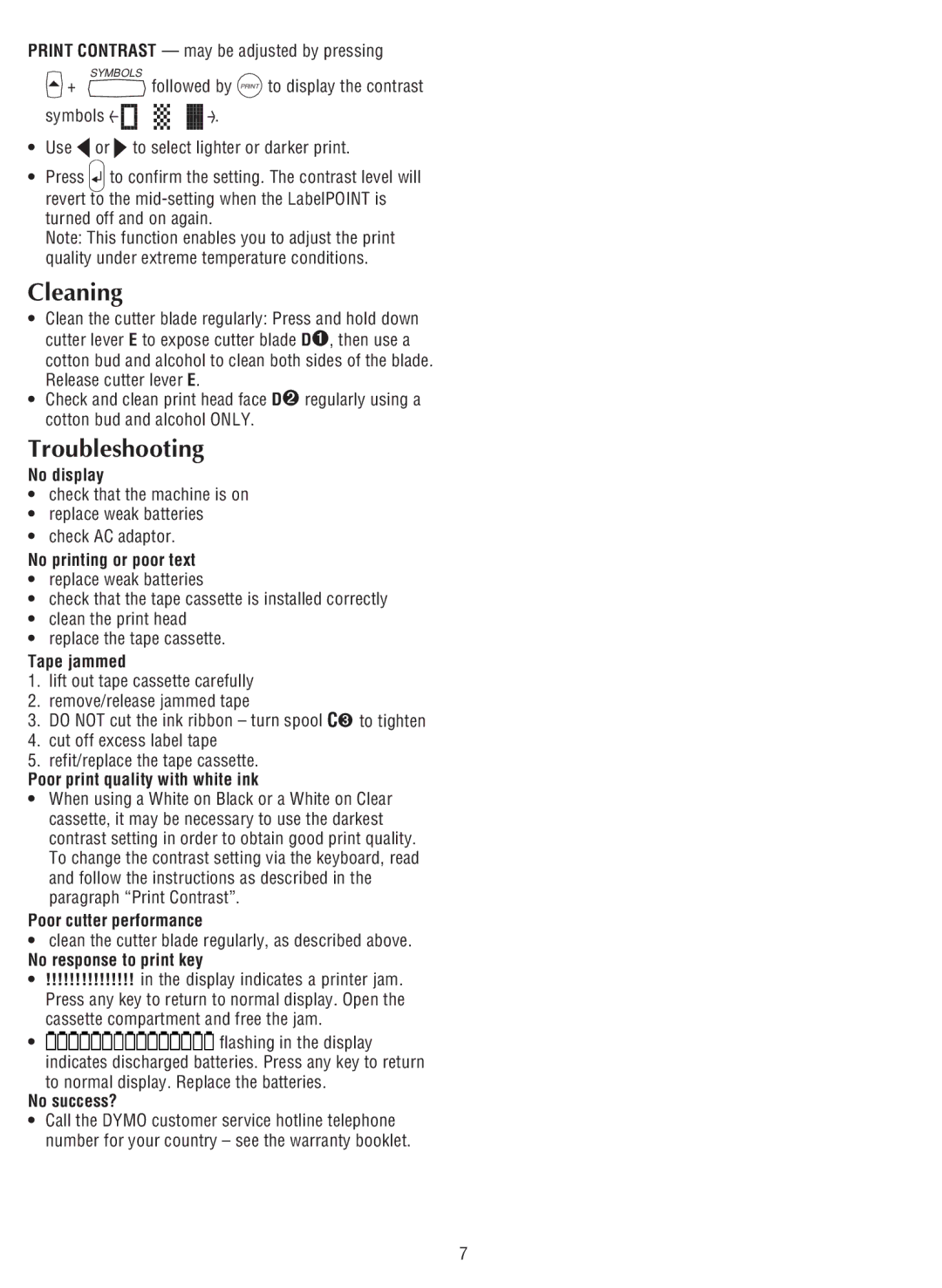 Dymo LP200 manual Cleaning, Troubleshooting 