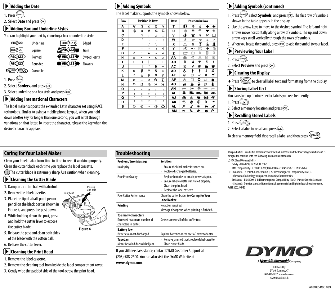 Dymo LT-100H manual Caring for Your Label Maker, Troubleshooting 