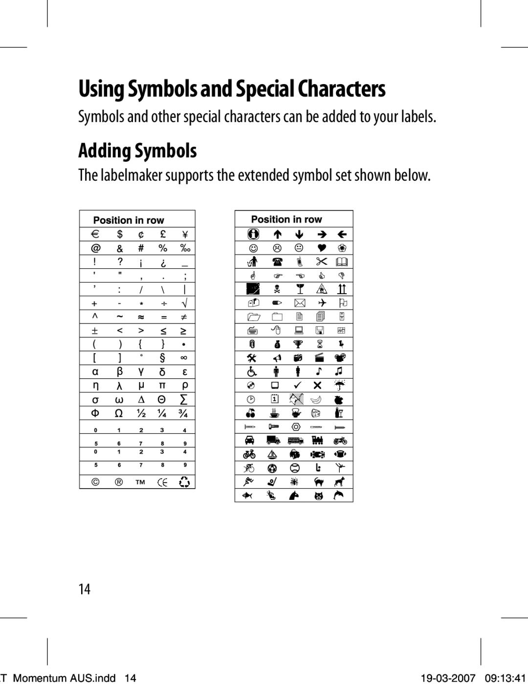 Dymo LT-100T manual Using Symbols and Special Characters, Adding Symbols 