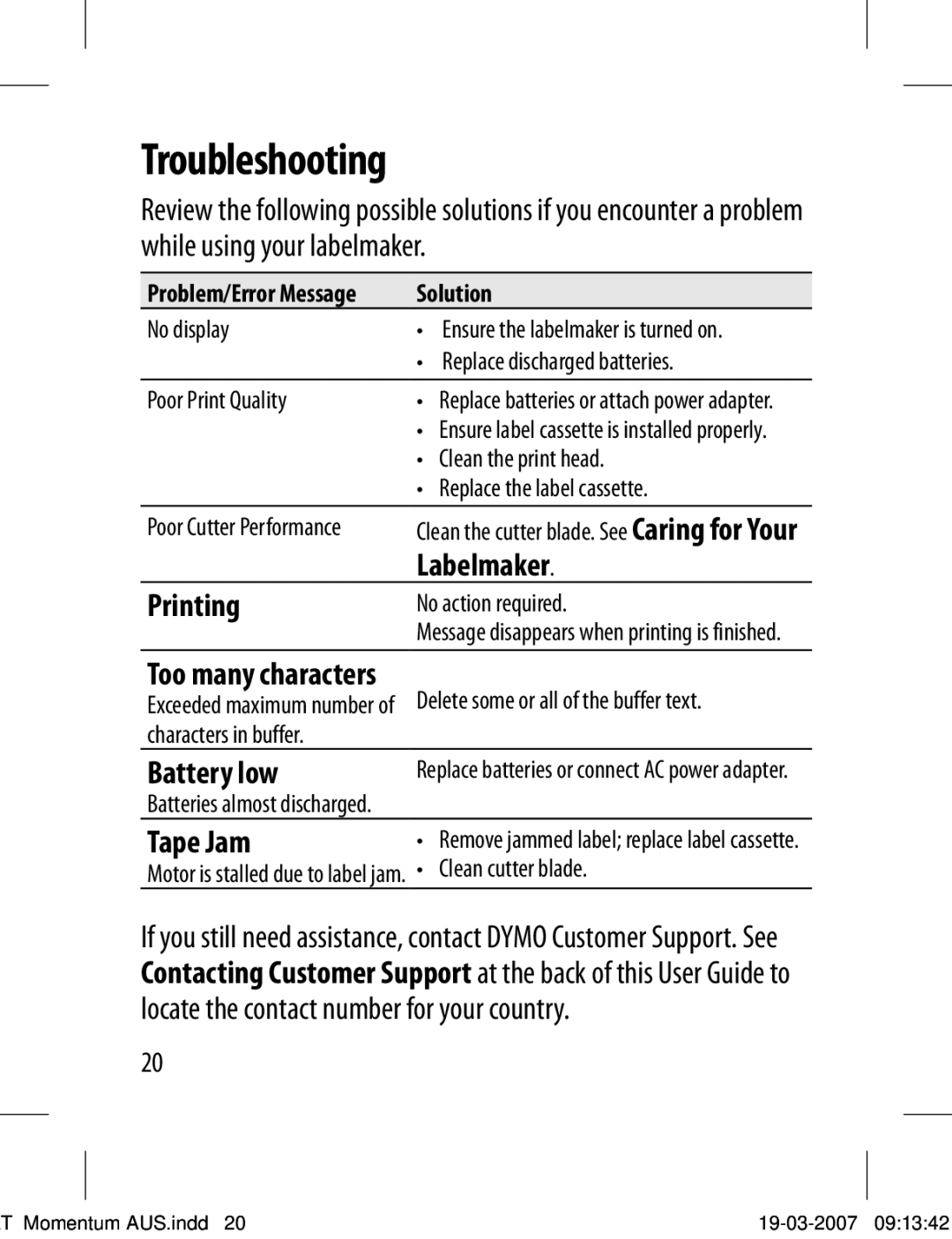 Dymo LT-100T manual Troubleshooting, Labelmaker, Printing, Battery low, Tape Jam 