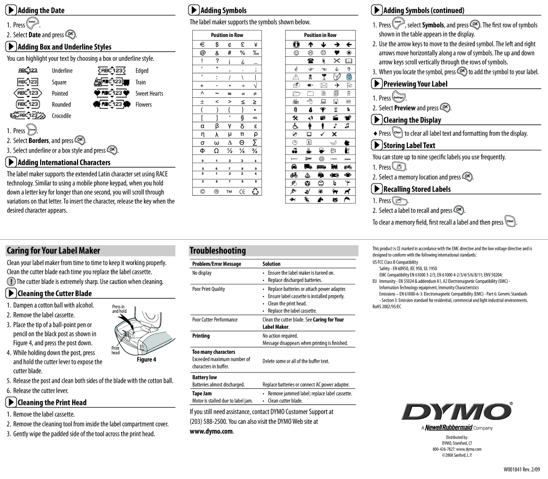 Dymo LT-100T manual Caring for Your Label Maker Troubleshooting 