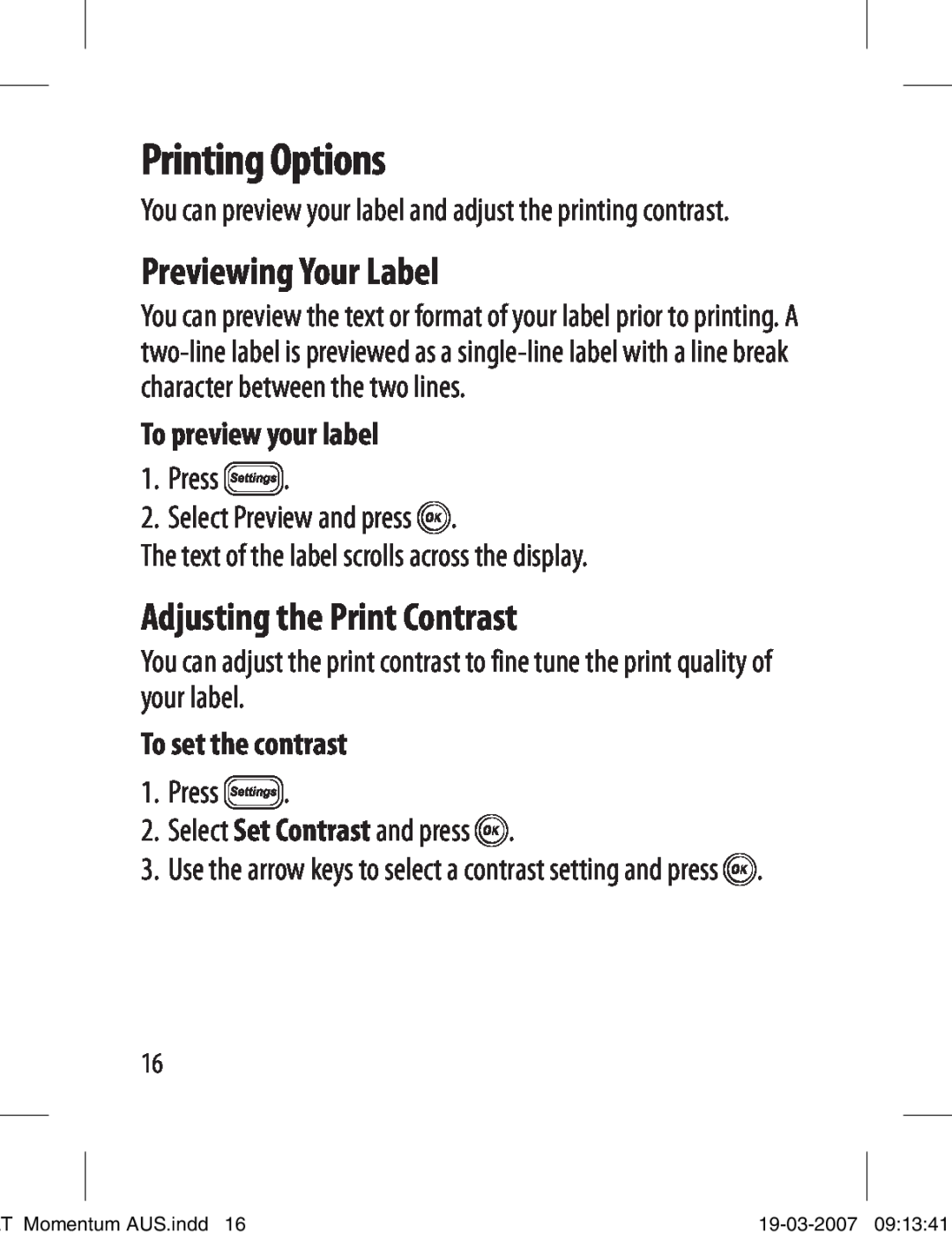 Dymo LT-100T manual Printing Options, Previewing Your Label, Adjusting the Print Contrast 