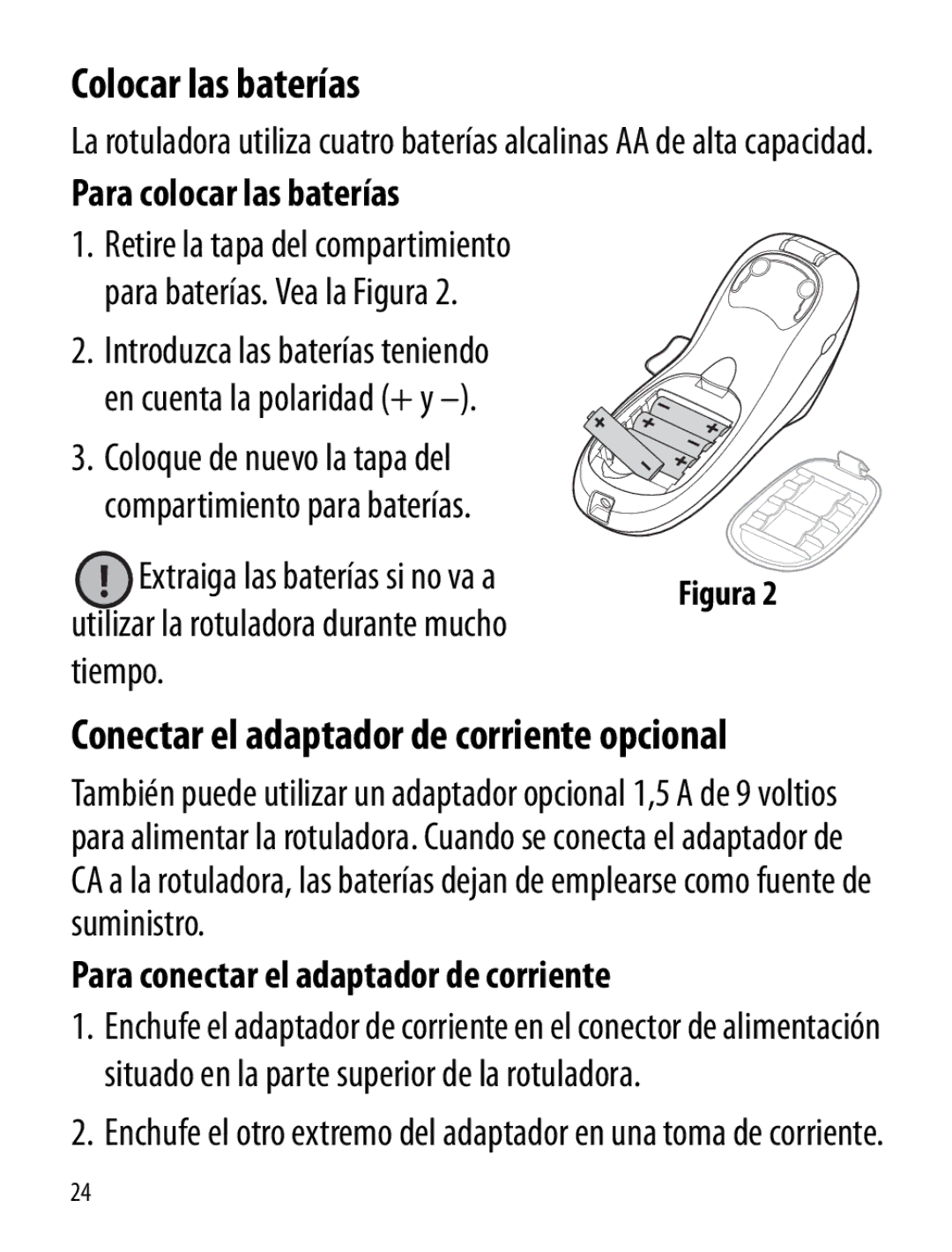 Dymo LT100-H Para colocar las baterías, Extraiga las baterías si no va a, Utilizar la rotuladora durante mucho Tiempo 