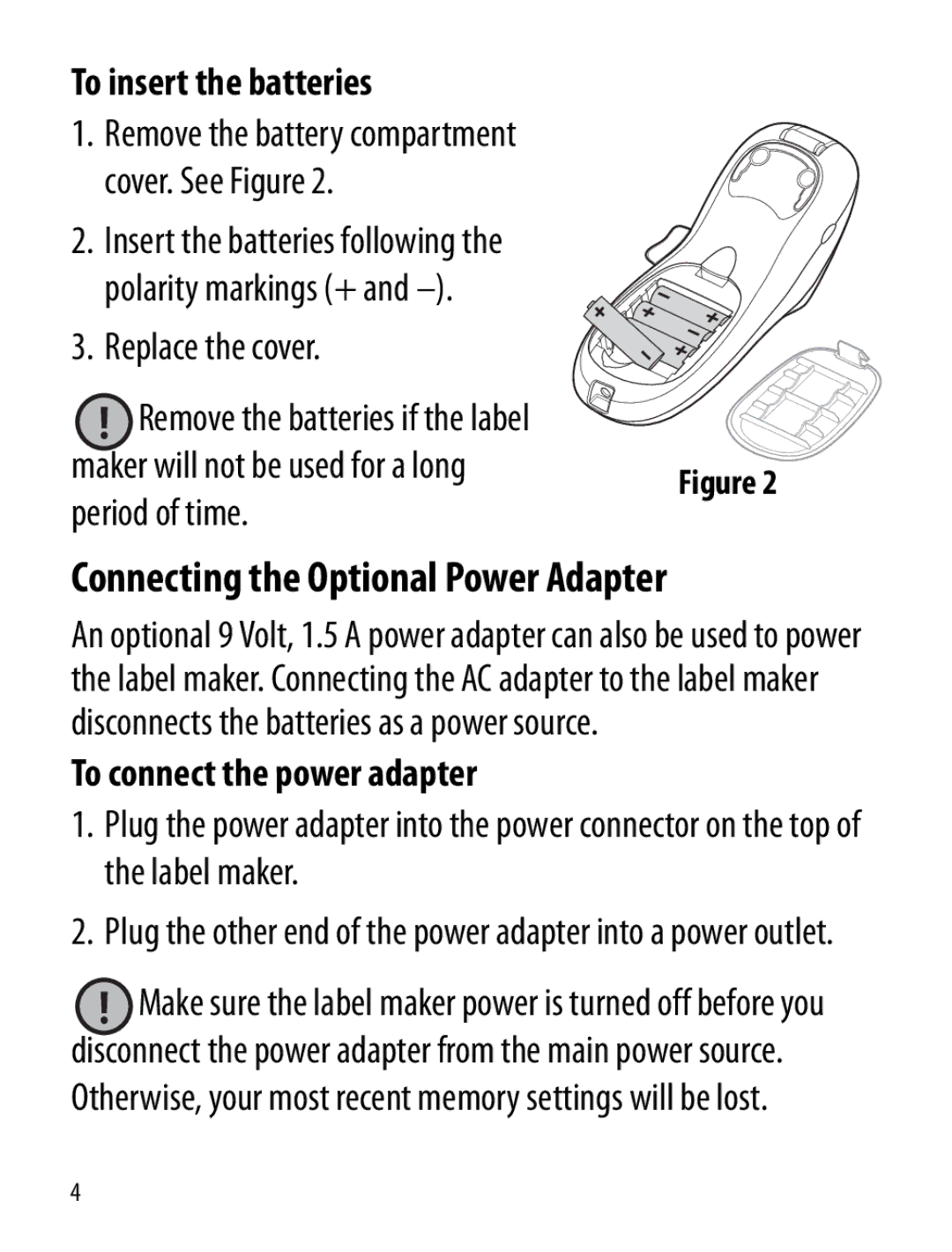 Dymo LT100-H manual To insert the batteries, To connect the power adapter 