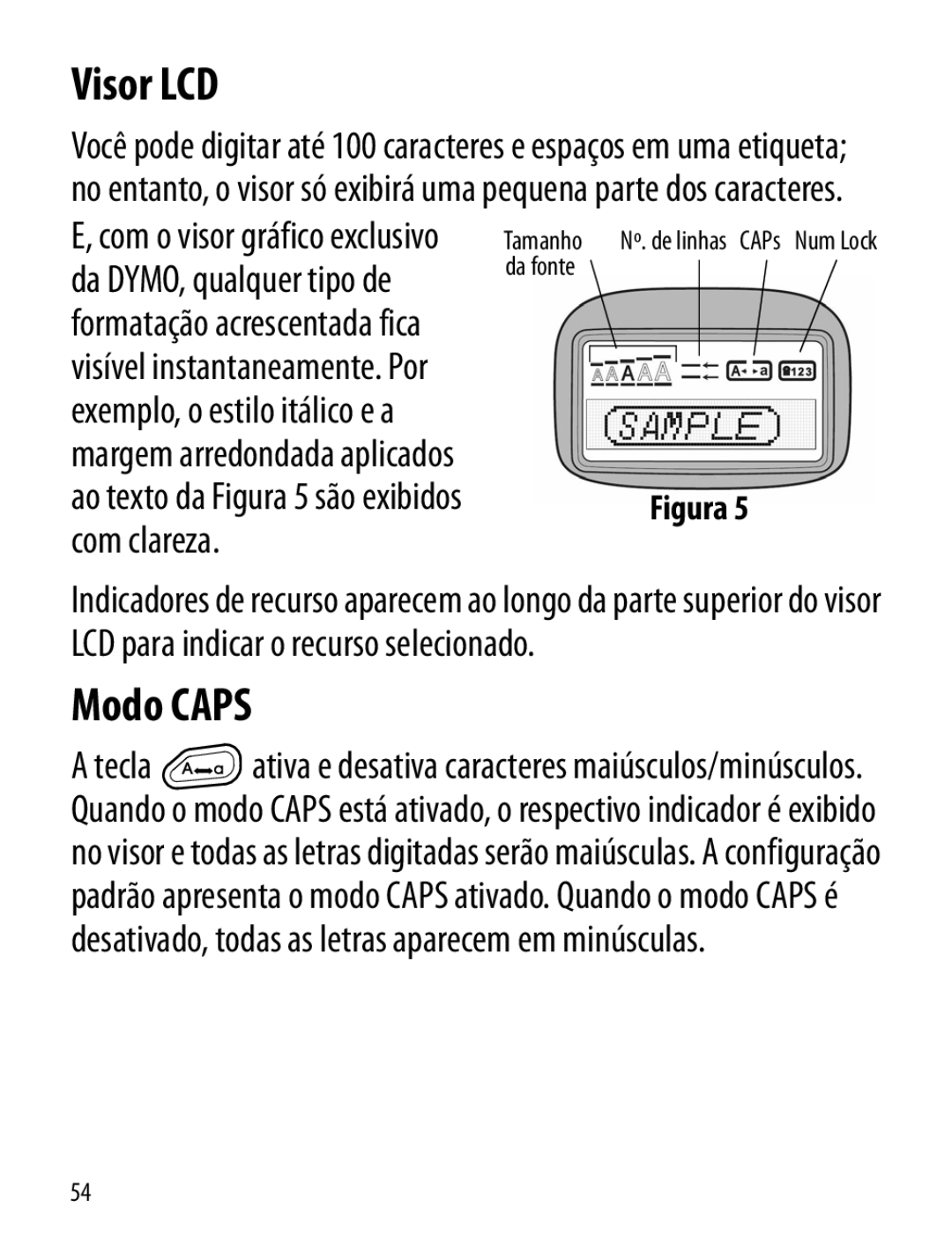 Dymo LT100-H manual Visor LCD, Modo Caps 