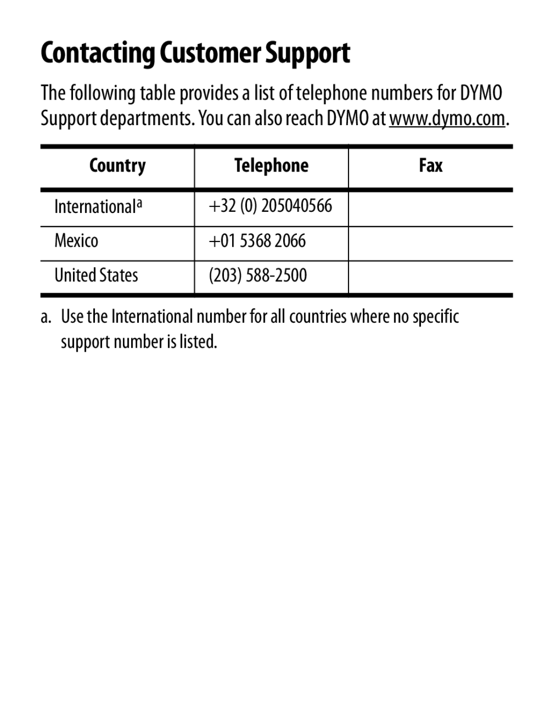 Dymo LT100-H manual Contacting Customer Support, Country Telephone Fax 