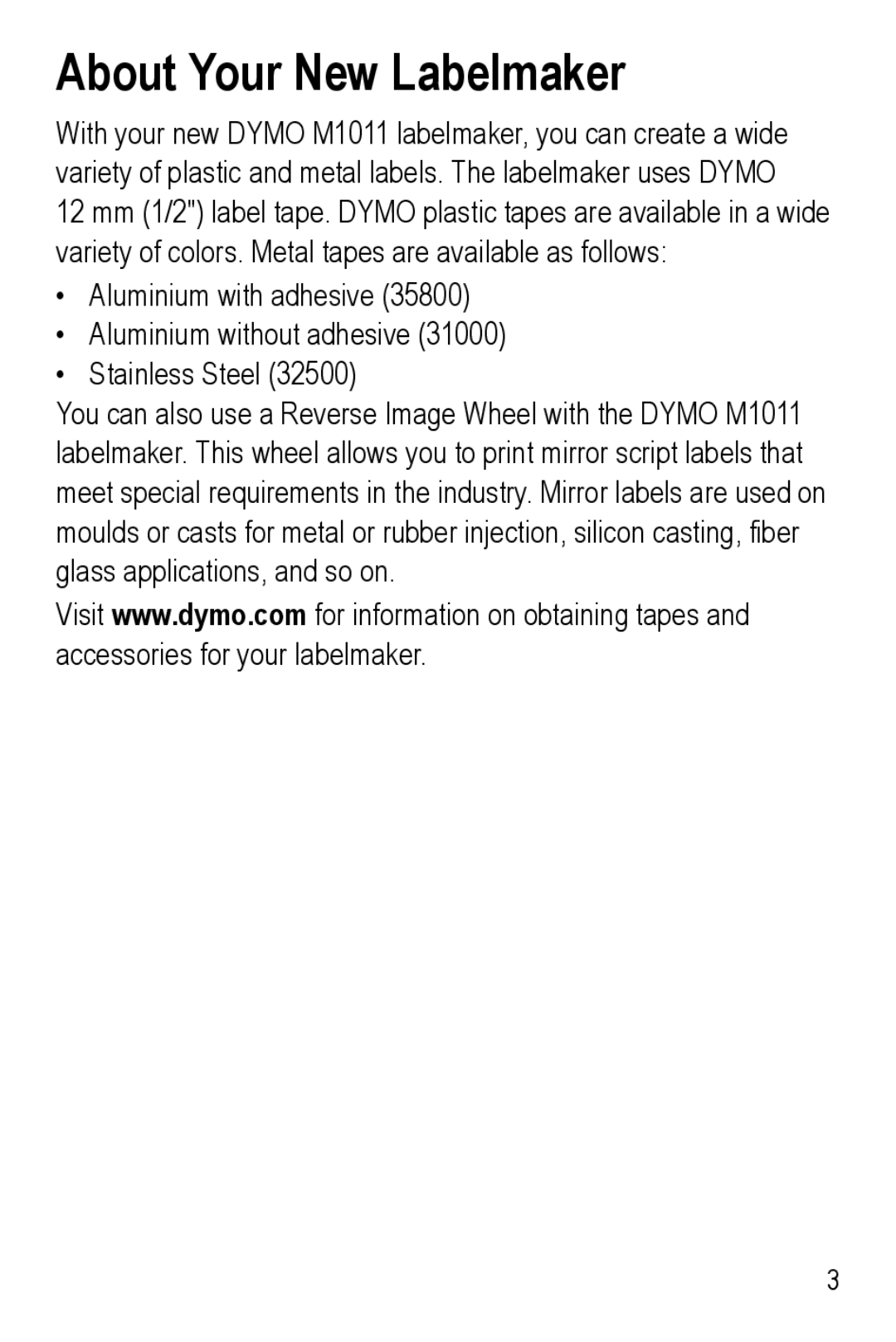 Dymo M1011 manual About Your New Labelmaker 