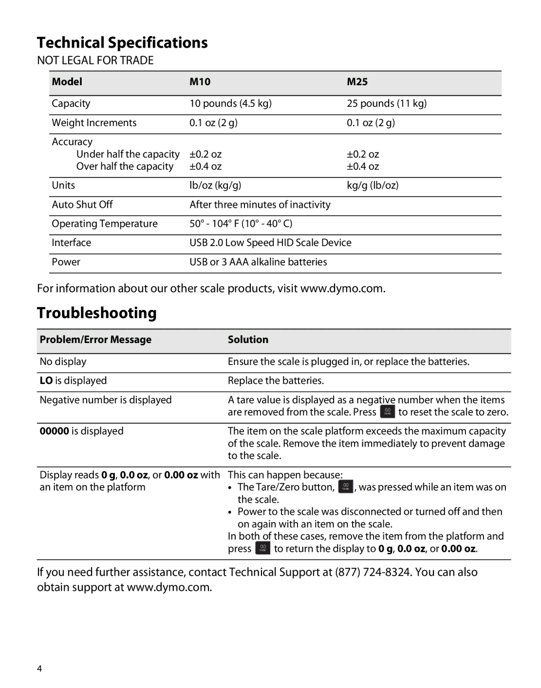 Dymo M25, M10 manual Technical Specifications, Troubleshooting 