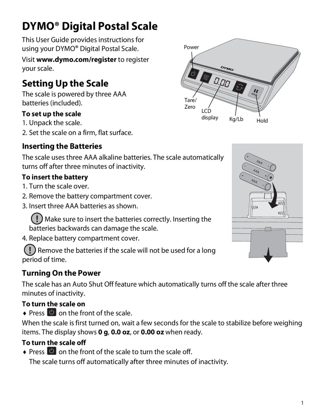 Dymo M3, M5 manual Setting Up the Scale, Inserting the Batteries, Turning On the Power 