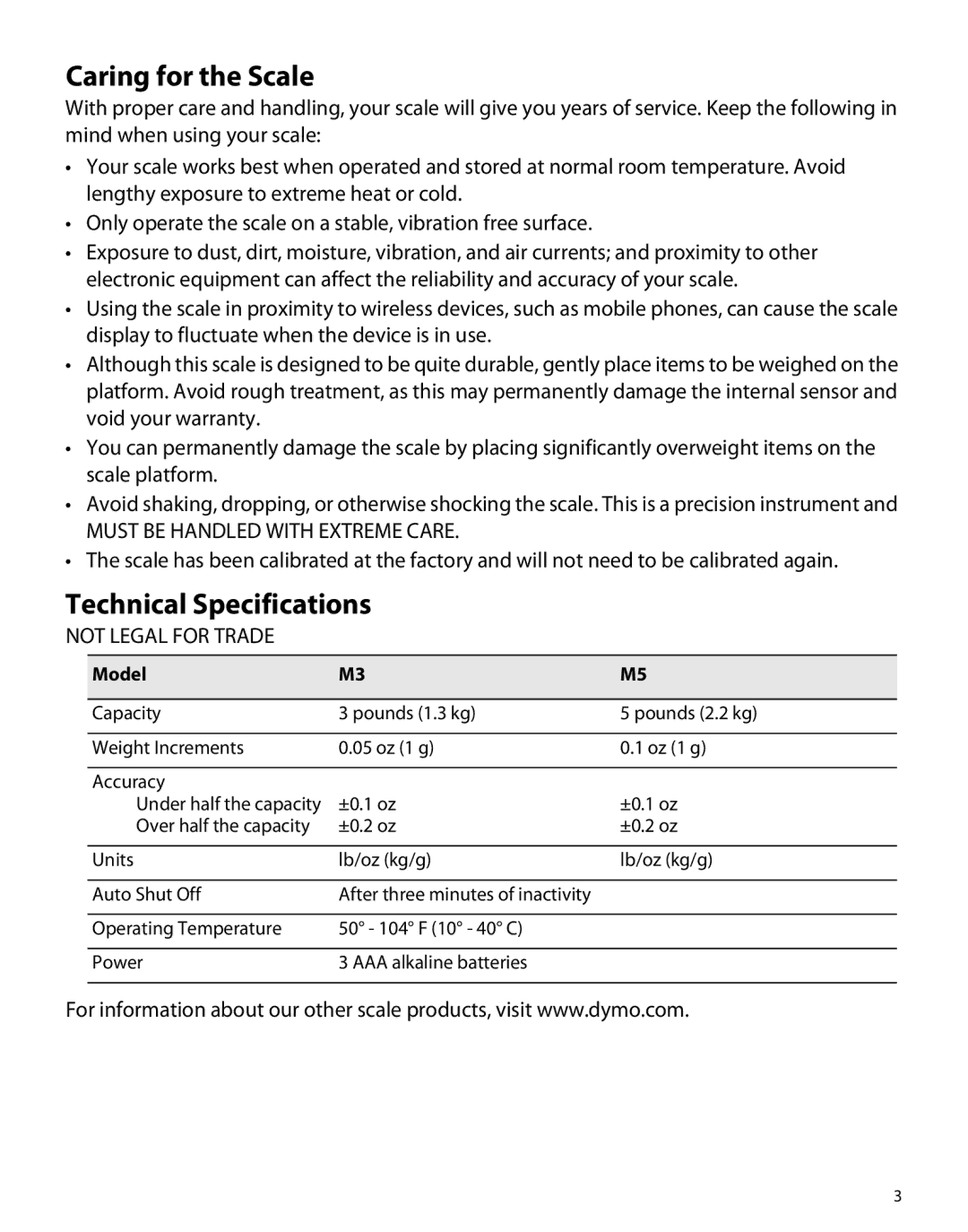 Dymo M3, M5 manual Caring for the Scale, Technical Specifications, Model 