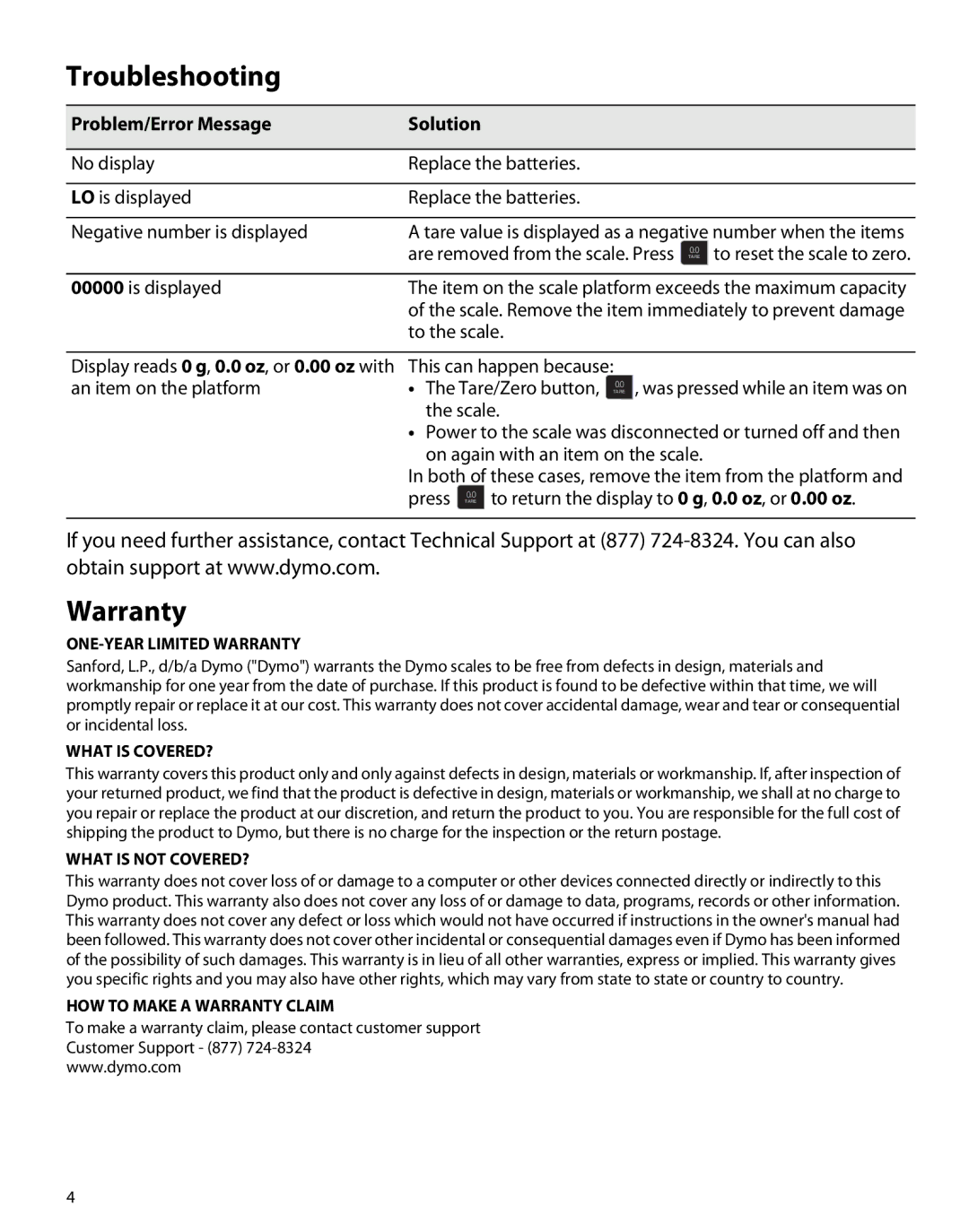 Dymo M5, M3 manual Troubleshooting, Warranty, Problem/Error Message Solution 