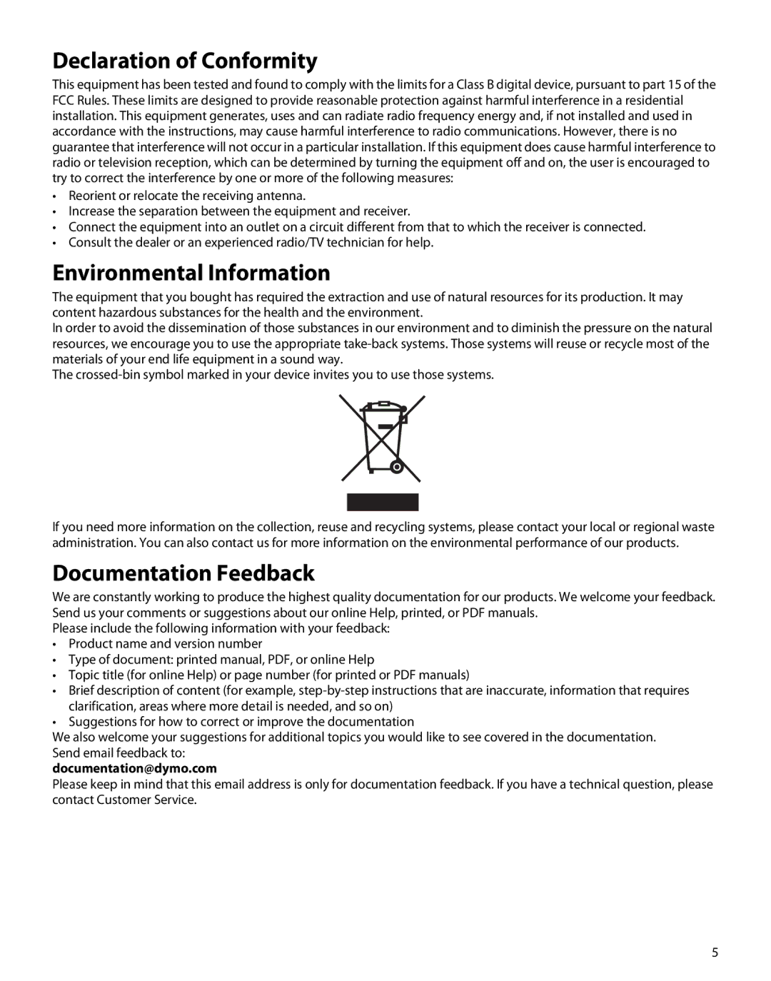 Dymo M3, M5 manual Declaration of Conformity, Environmental Information, Documentation Feedback 