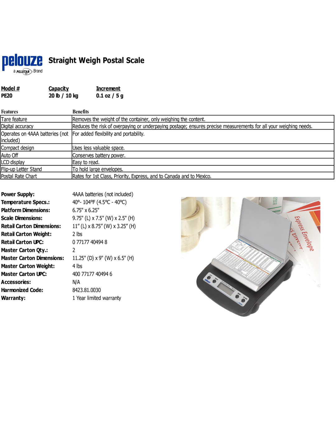 Dymo PE20 dimensions Straight Weigh Postal Scale, Features Benefits 