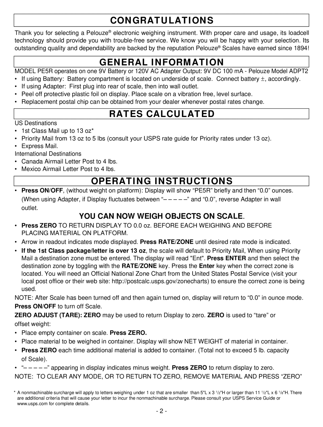 Dymo PE5R manual Congratulations, General Information, Rates Calculated, Operating Instructions 