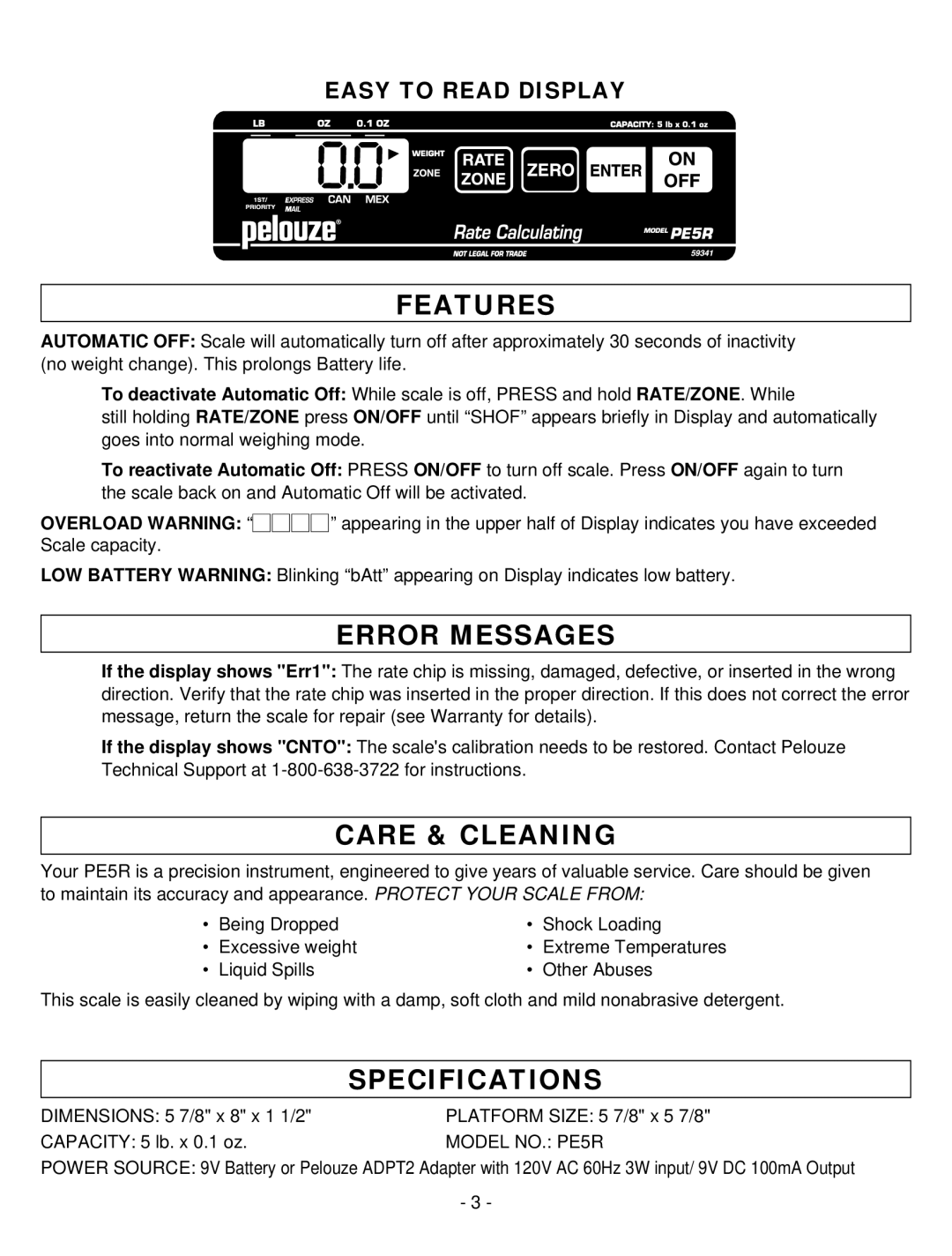 Dymo PE5R manual Features, Error Messages, Care & Cleaning, Specifications 