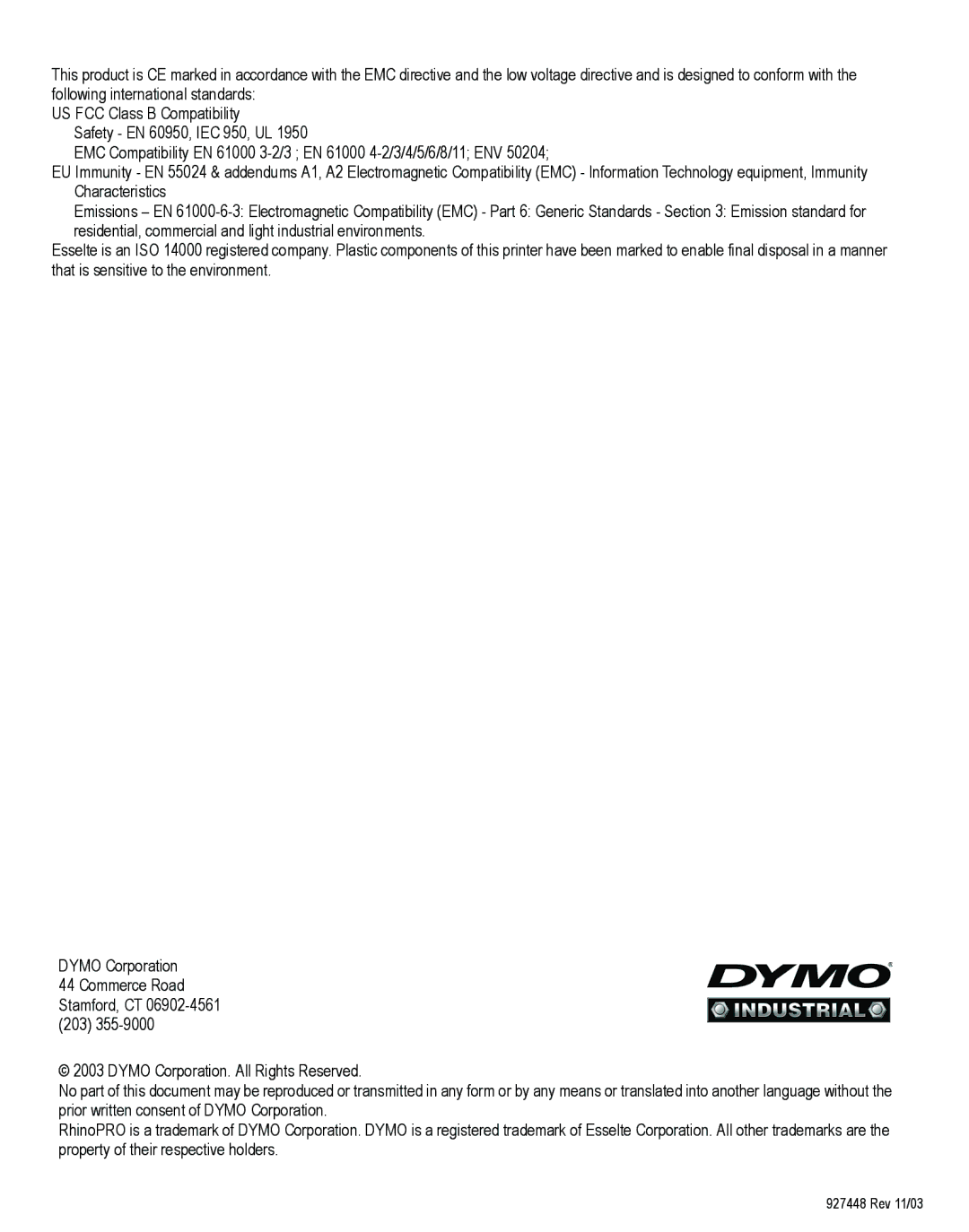 Dymo PRO 5000 manual Rev 11/03 