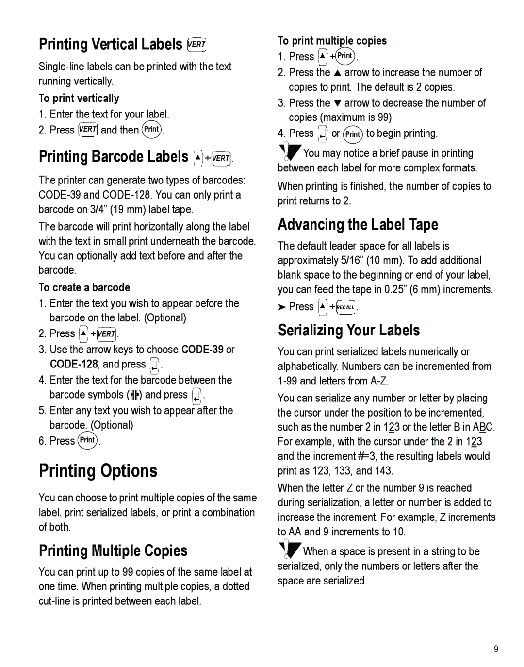 Dymo PRO 5000 manual Printing Options 