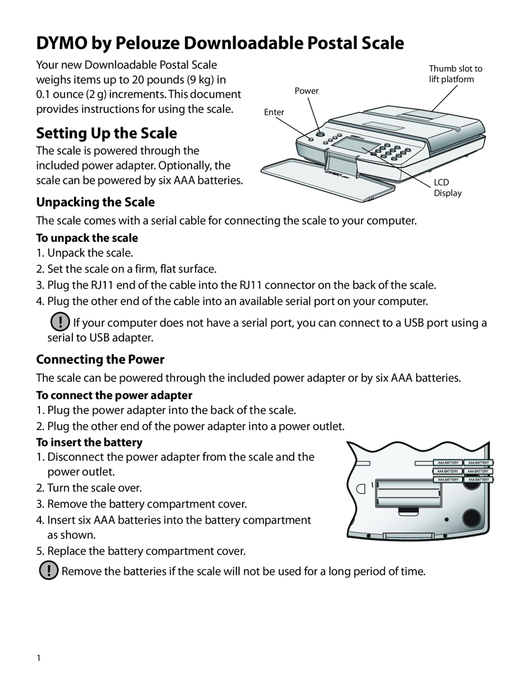 Dymo PS20DL manual Setting Up the Scale, Unpacking the Scale, Connecting the Power 