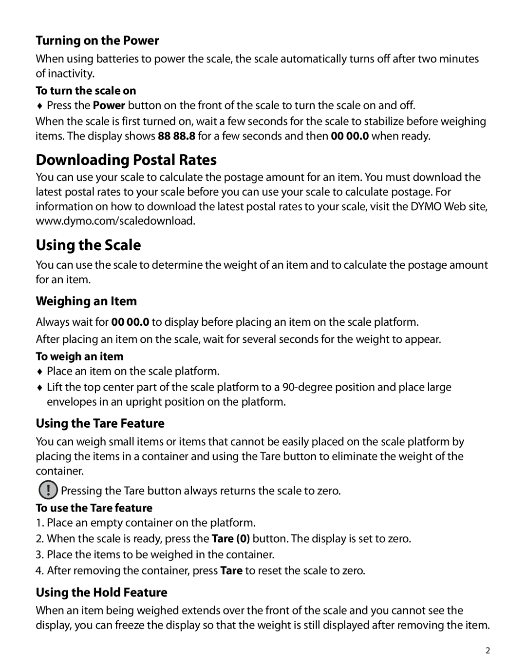 Dymo PS20DL manual Downloading Postal Rates Using the Scale, Turning on the Power, Weighing an Item, Using the Tare Feature 