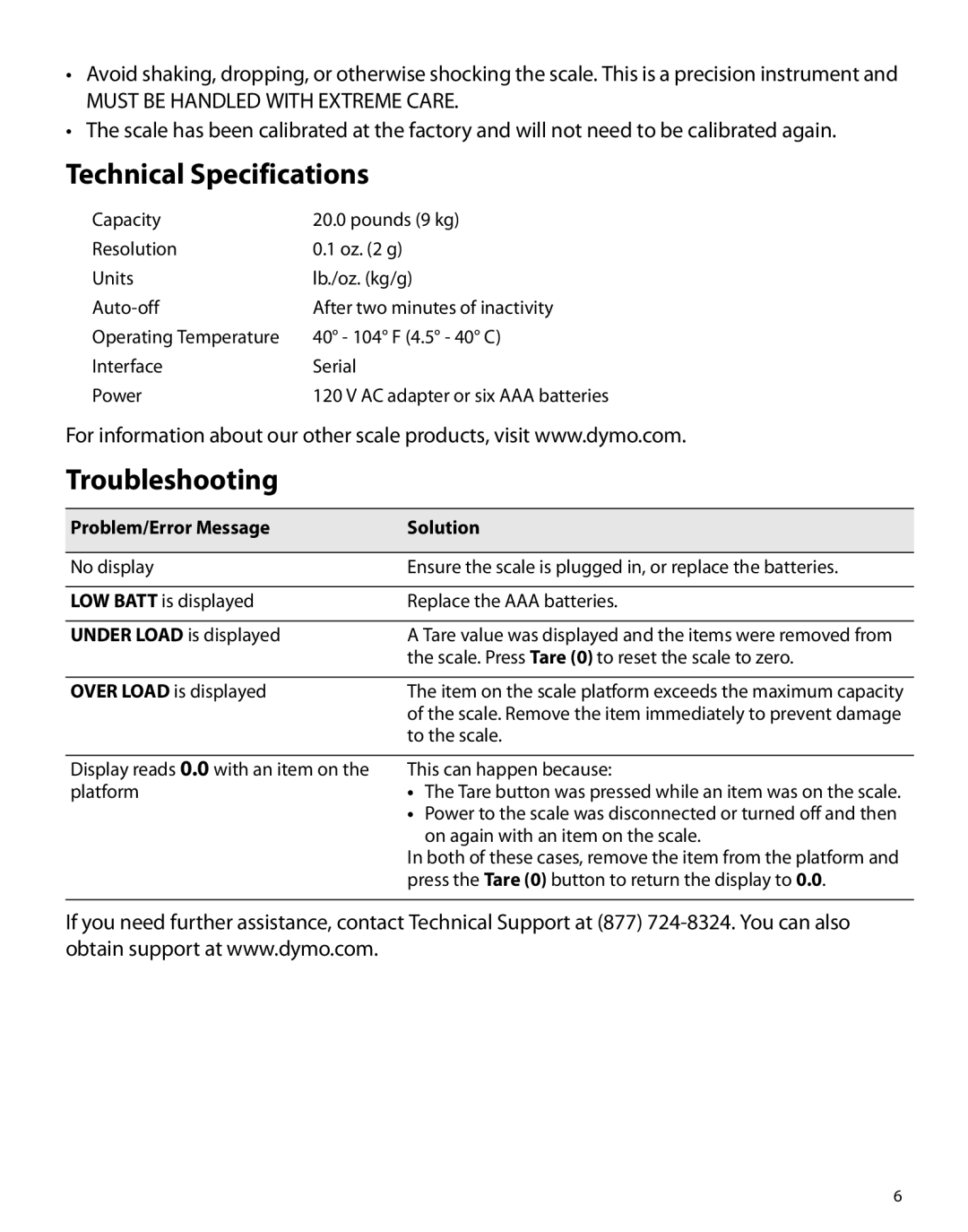 Dymo PS20DL manual Technical Specifications, Troubleshooting, Problem/Error Message Solution 