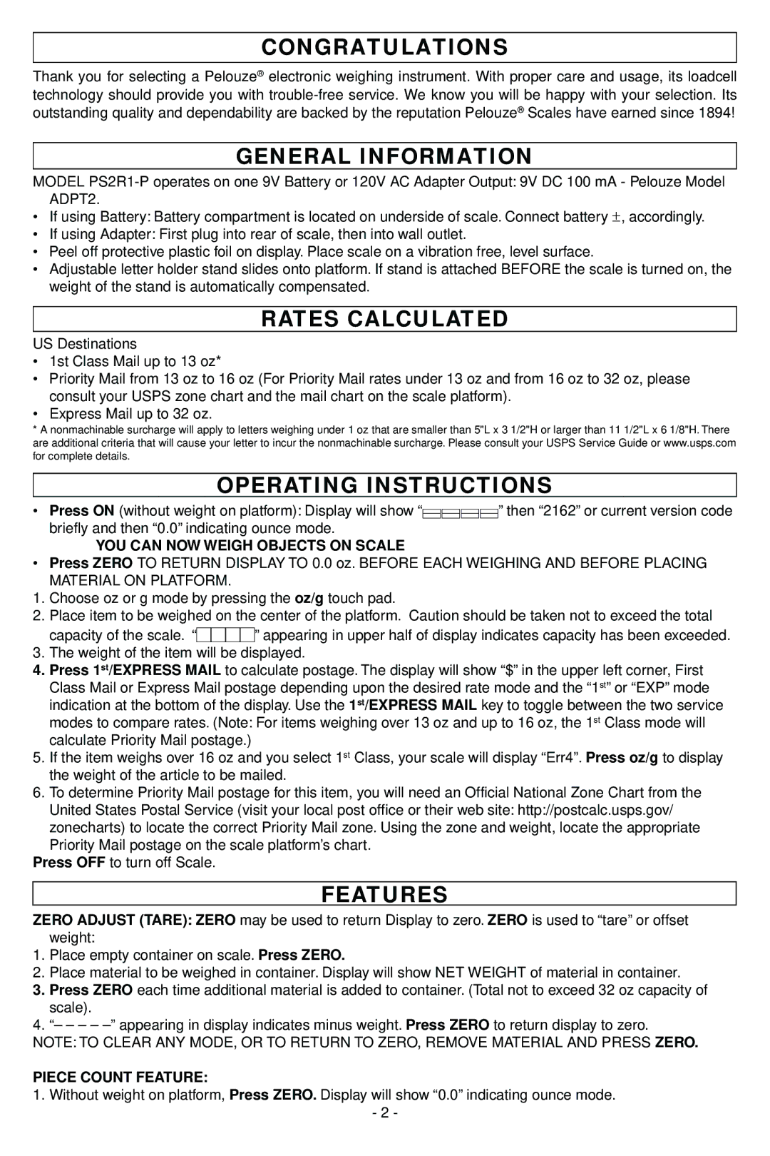 Dymo PS2R1-P manual Congratulations, General Information, Rates Calculated, Operating Instructions, Features 