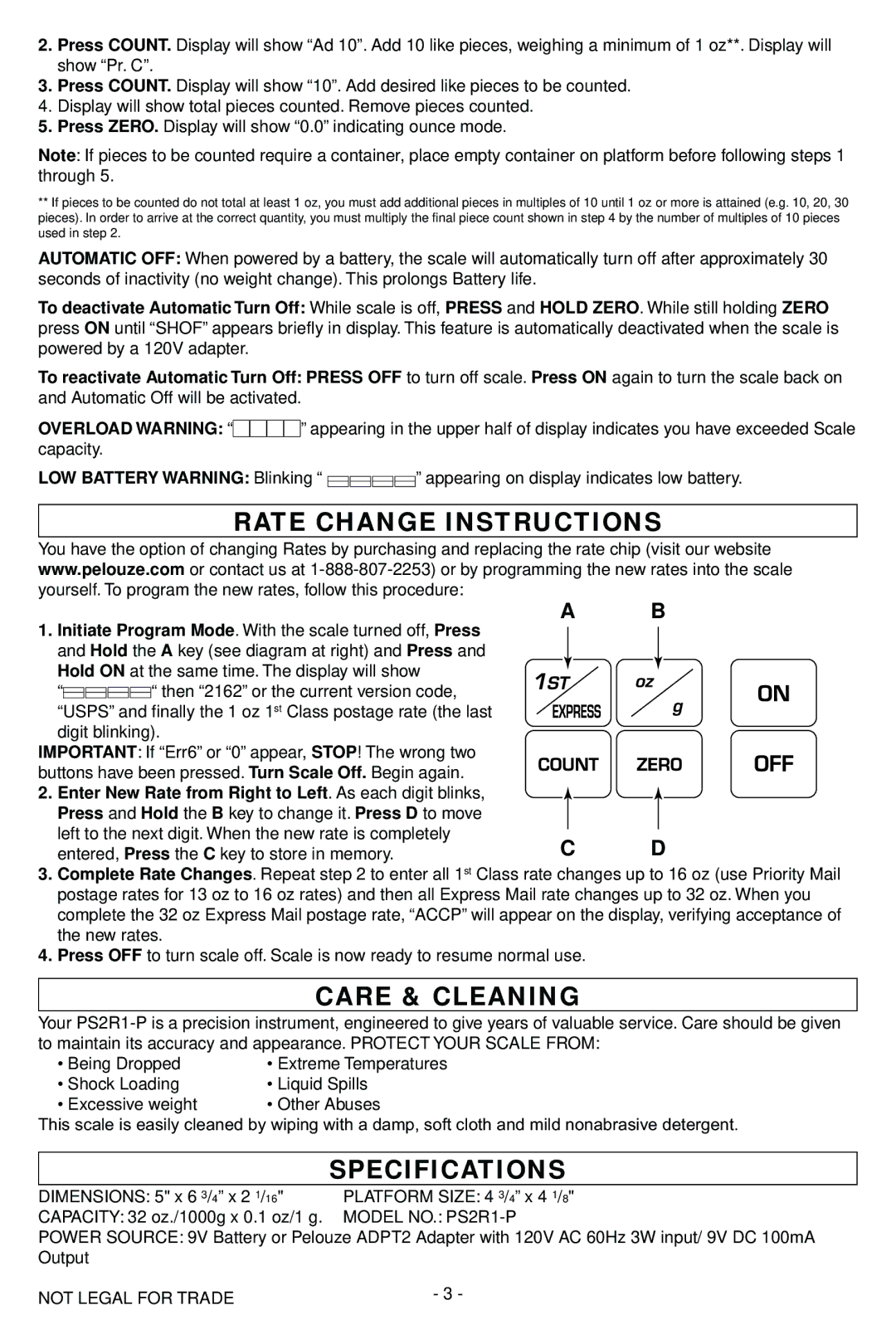 Dymo PS2R1-P manual Rate Change Instructions, Care & Cleaning, Specifications, LOW Battery Warning Blinking 