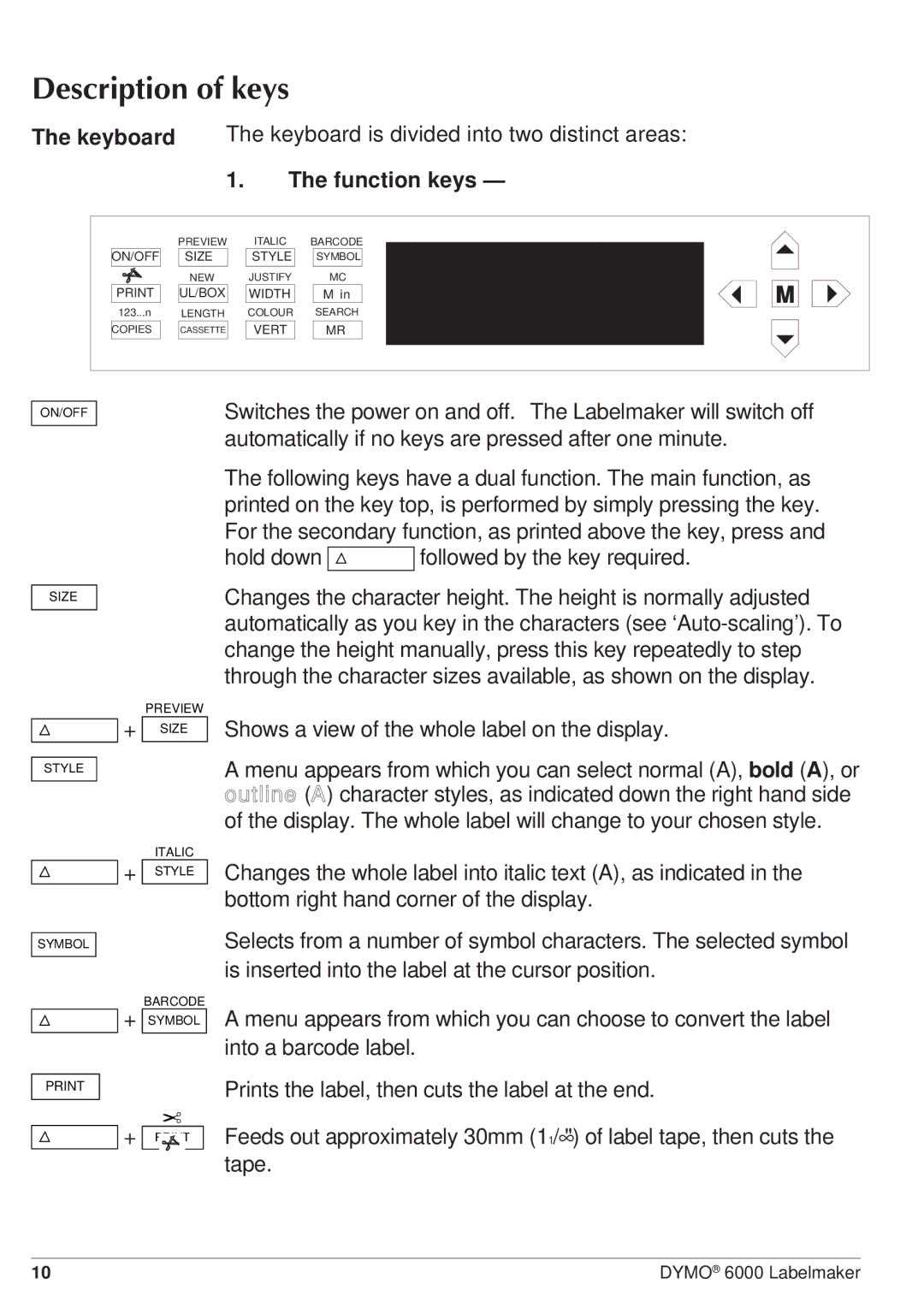 Dymo RH-6000 manual Description of keys 