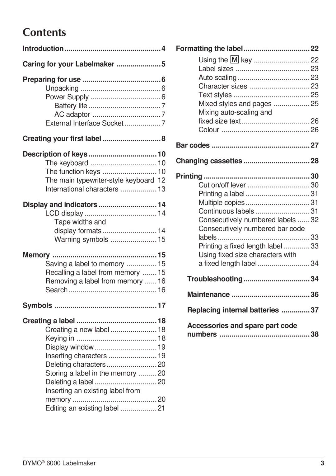 Dymo RH-6000 manual Contents 