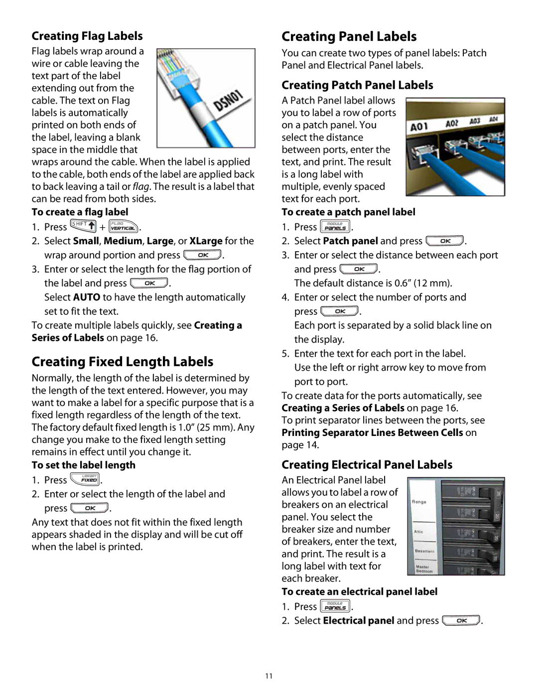 Dymo Rhino 5200 Creating Fixed Length Labels, Creating Panel Labels, Creating Flag Labels, Creating Patch Panel Labels 