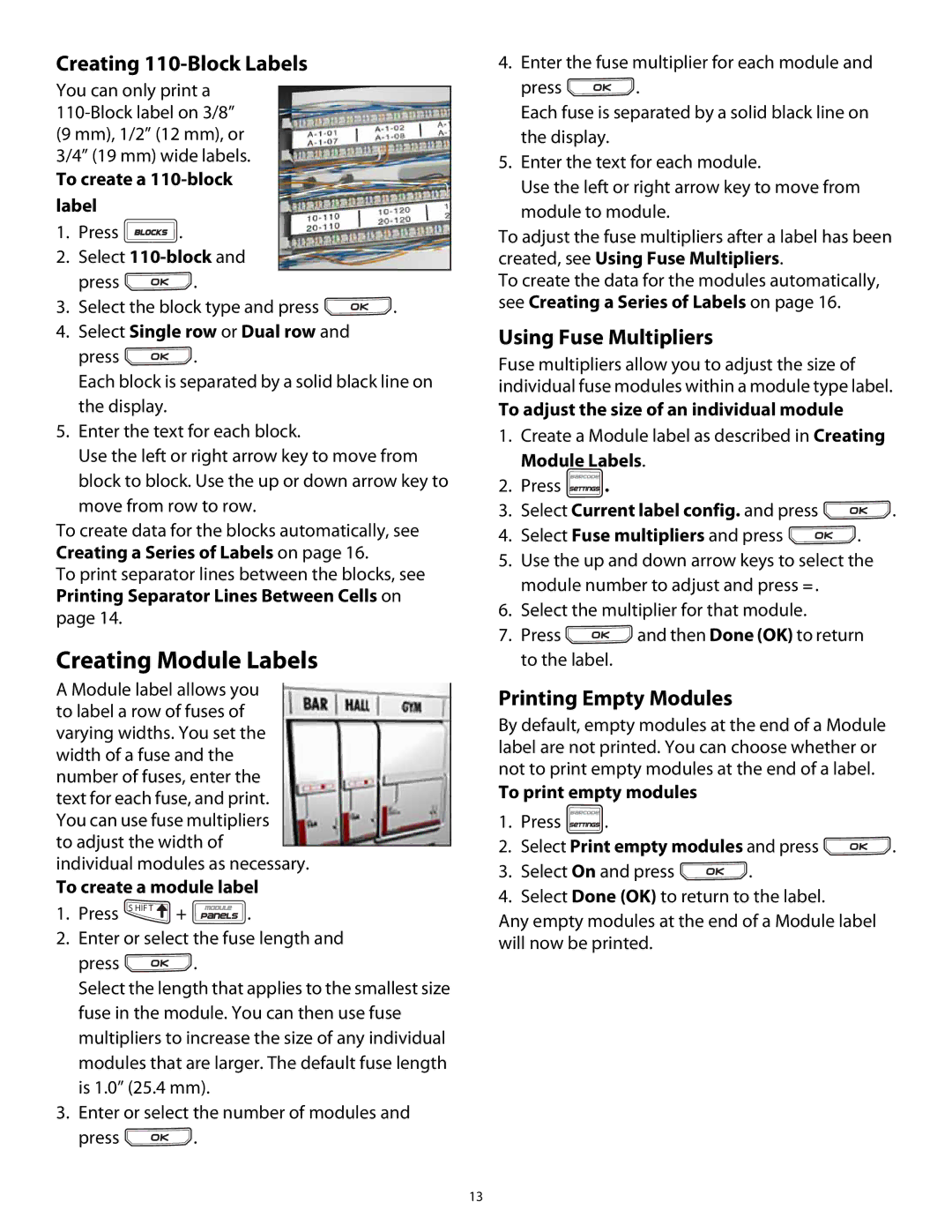 Dymo Rhino 5200 manual Creating Module Labels, Creating 110-Block Labels, Using Fuse Multipliers, Printing Empty Modules 