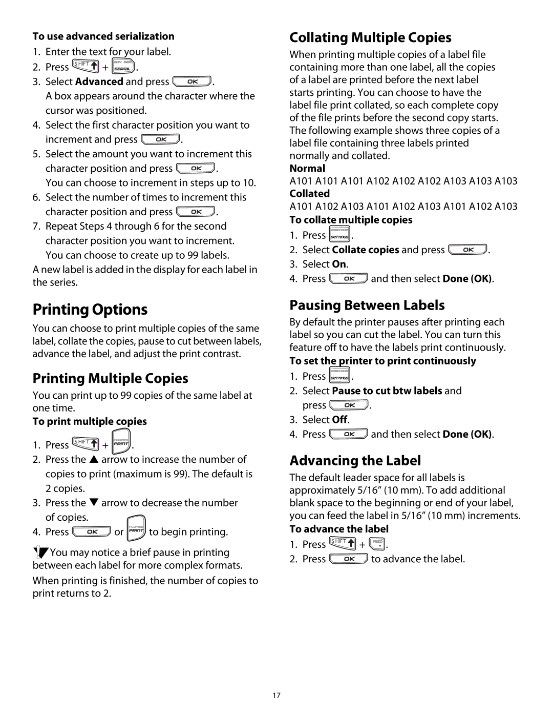 Dymo Rhino 5200 manual Printing Options, Printing Multiple Copies, Collating Multiple Copies, Pausing Between Labels 