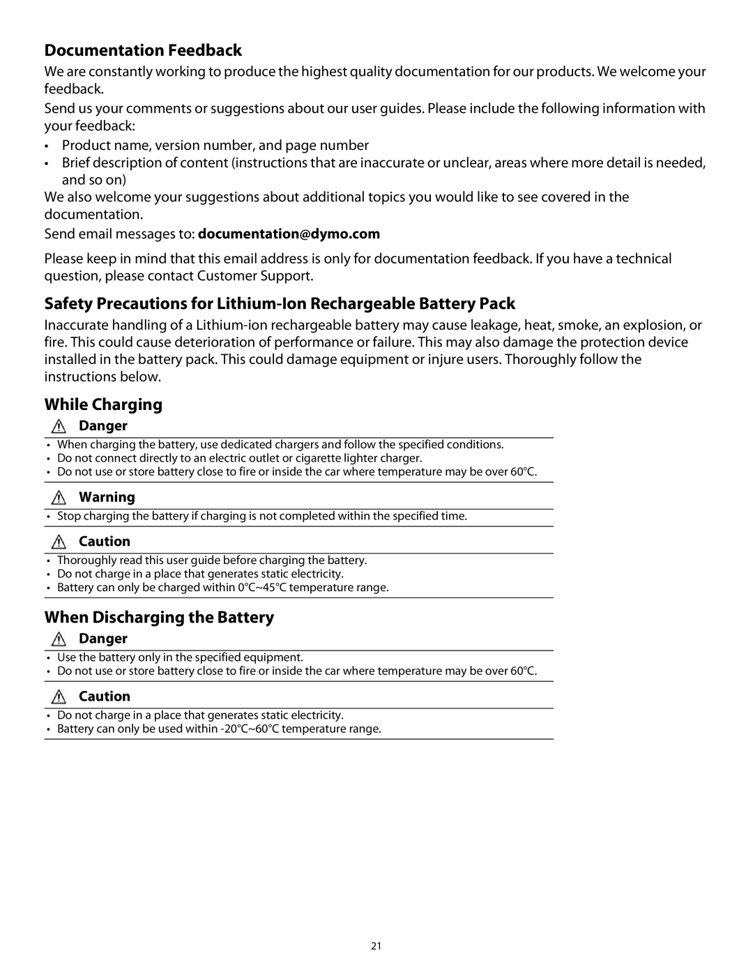 Dymo Rhino 5200 manual Documentation Feedback, While Charging, When Discharging the Battery 