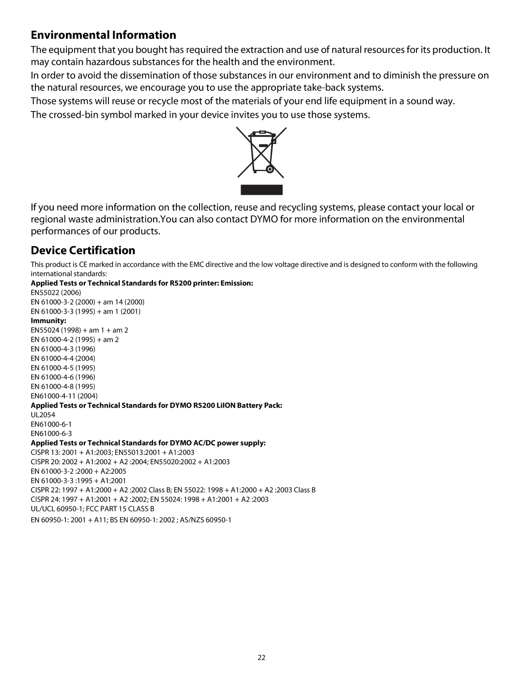 Dymo Rhino 5200 manual Environmental Information, Device Certification 