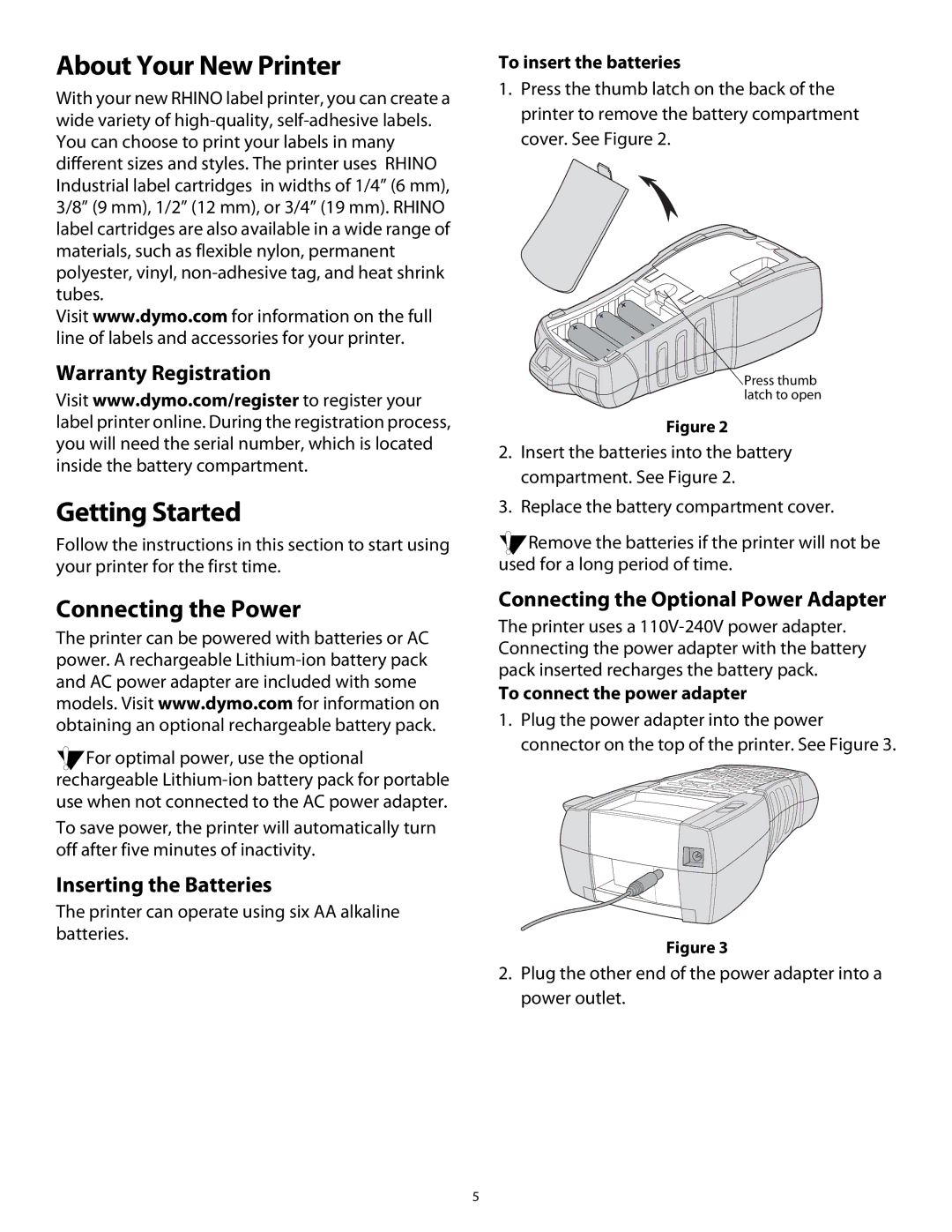 Dymo Rhino 5200 manual About Your New Printer, Getting Started, Connecting the Power 