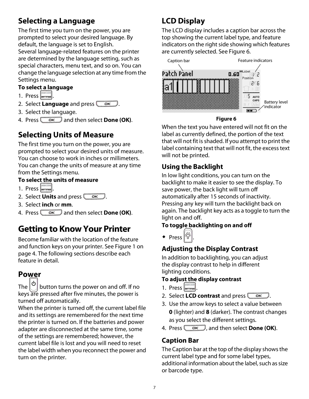 Dymo Rhino 5200 manual Getting to Know Your Printer, Selecting a Language, Selecting Units of Measure, Power, LCD Display 