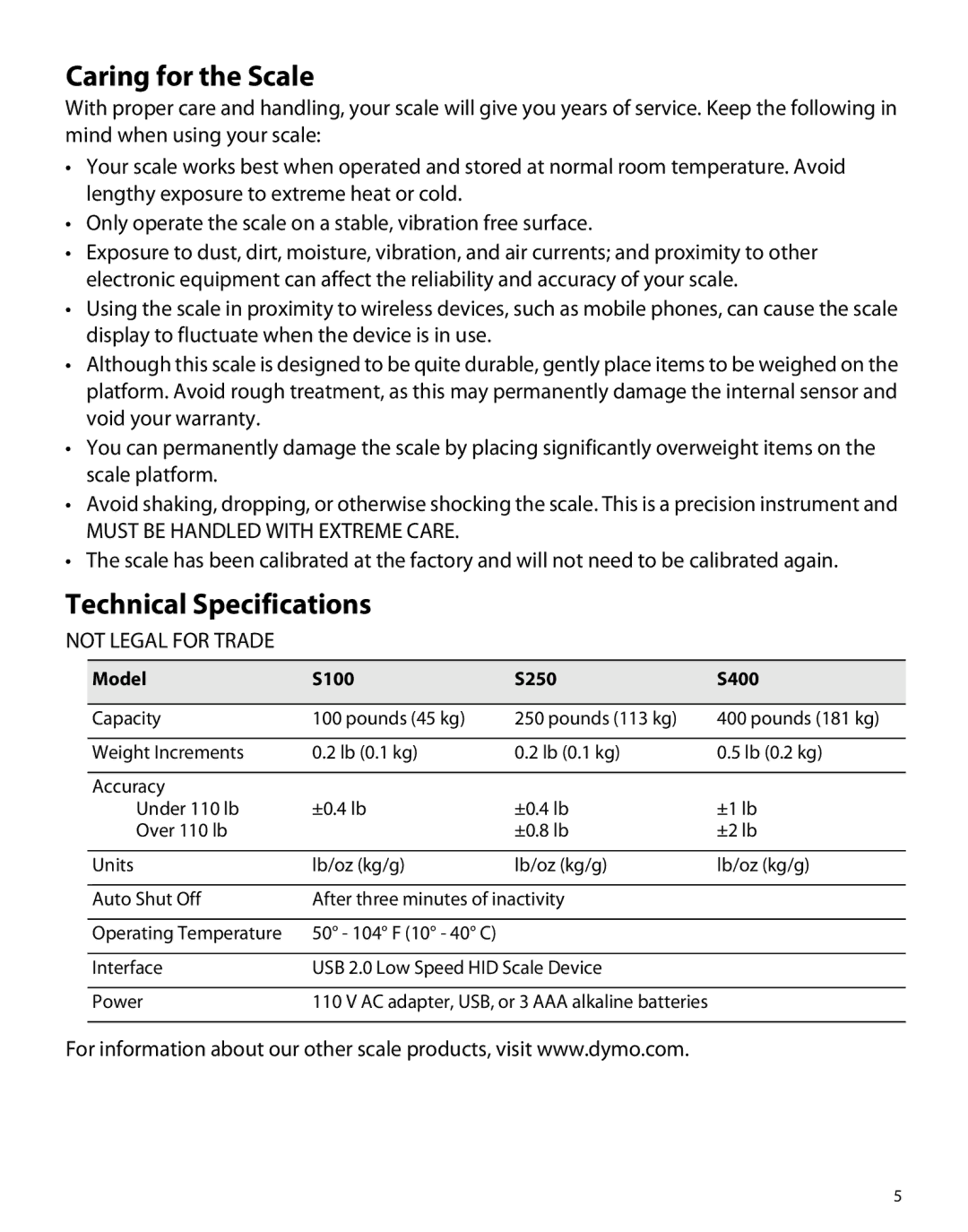 Dymo S250, S400, S100 manual Caring for the Scale, Technical Specifications 