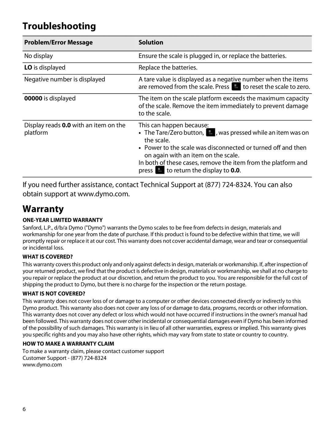 Dymo S100, S400, S250 manual Troubleshooting, Warranty 