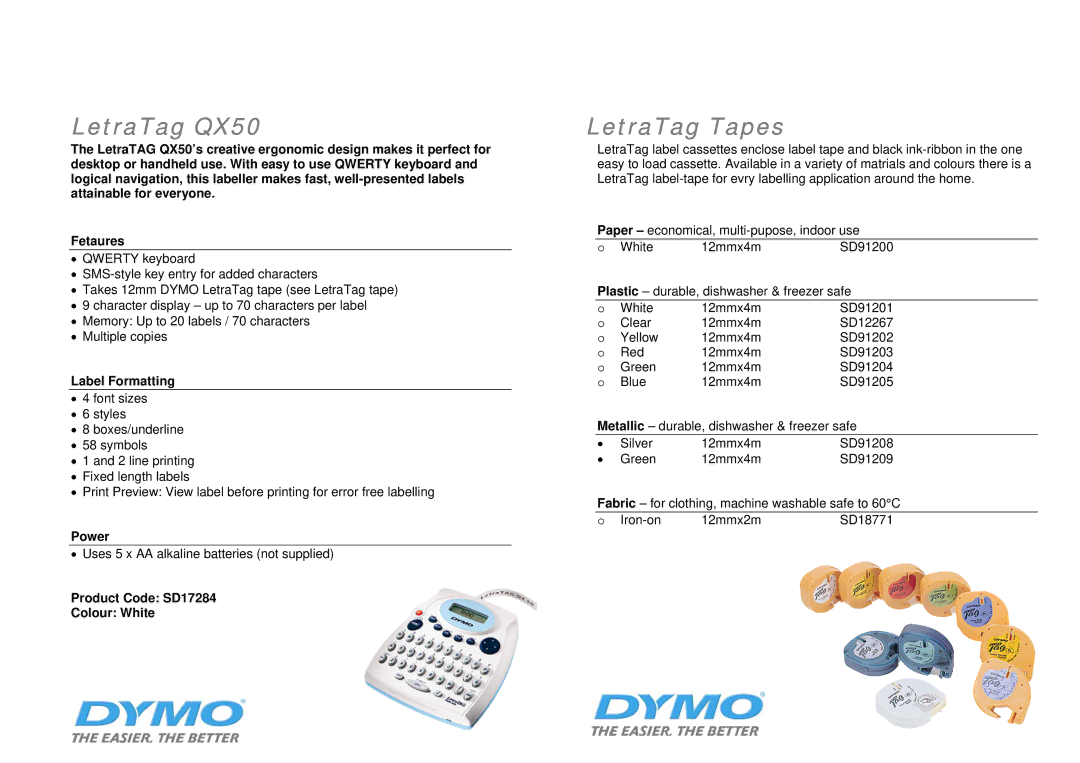 Dymo SD17293 manual LetraTag QX50, LetraTag Tapes, Product Code SD17284 Colour White 