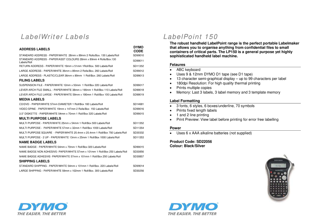 Dymo SD17293 manual LabelWriter Labels, LabelPoint, Product Code SD22056 Colour Black/Silver 